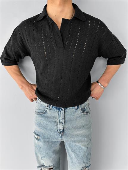 Erkek Yarım Pat Gömlek Yaka Desenli Oversize Triko T-Shirt Siyah