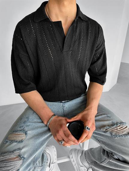 Erkek Yarım Pat Gömlek Yaka Desenli Oversize Triko T-Shirt Siyah