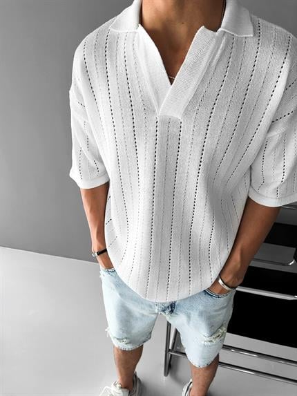 Erkek Yarım Pat Gömlek Yaka Desenli Oversize Triko T-Shirt Beyaz