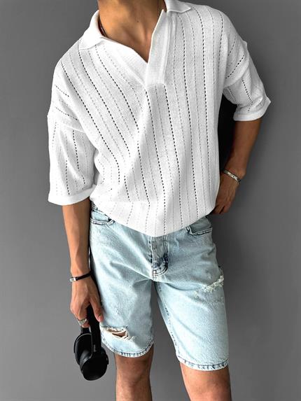 Erkek Yarım Pat Gömlek Yaka Desenli Oversize Triko T-Shirt Beyaz