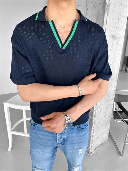 Erkek Yarım Pat V Yaka Desenli Triko T-Shirt Lacivert Yeşil