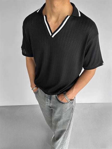 Erkek Yarım Pat V Yaka Desenli Triko T-Shirt Siyah Beyaz