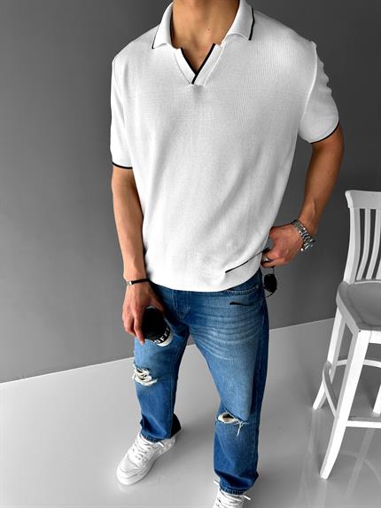 Erkek Polo Yaka Triko T-Shirt Ekru