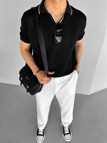 Erkek Polo Yaka Triko T-Shirt Siyah