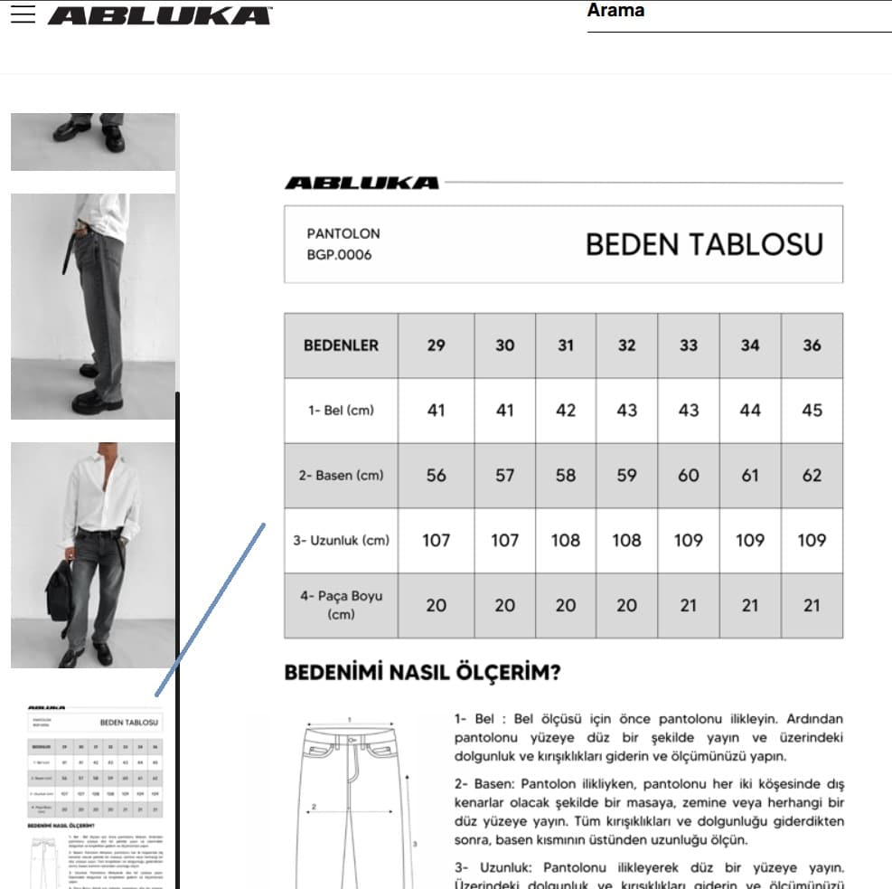 Ürün beden tablosu örneği