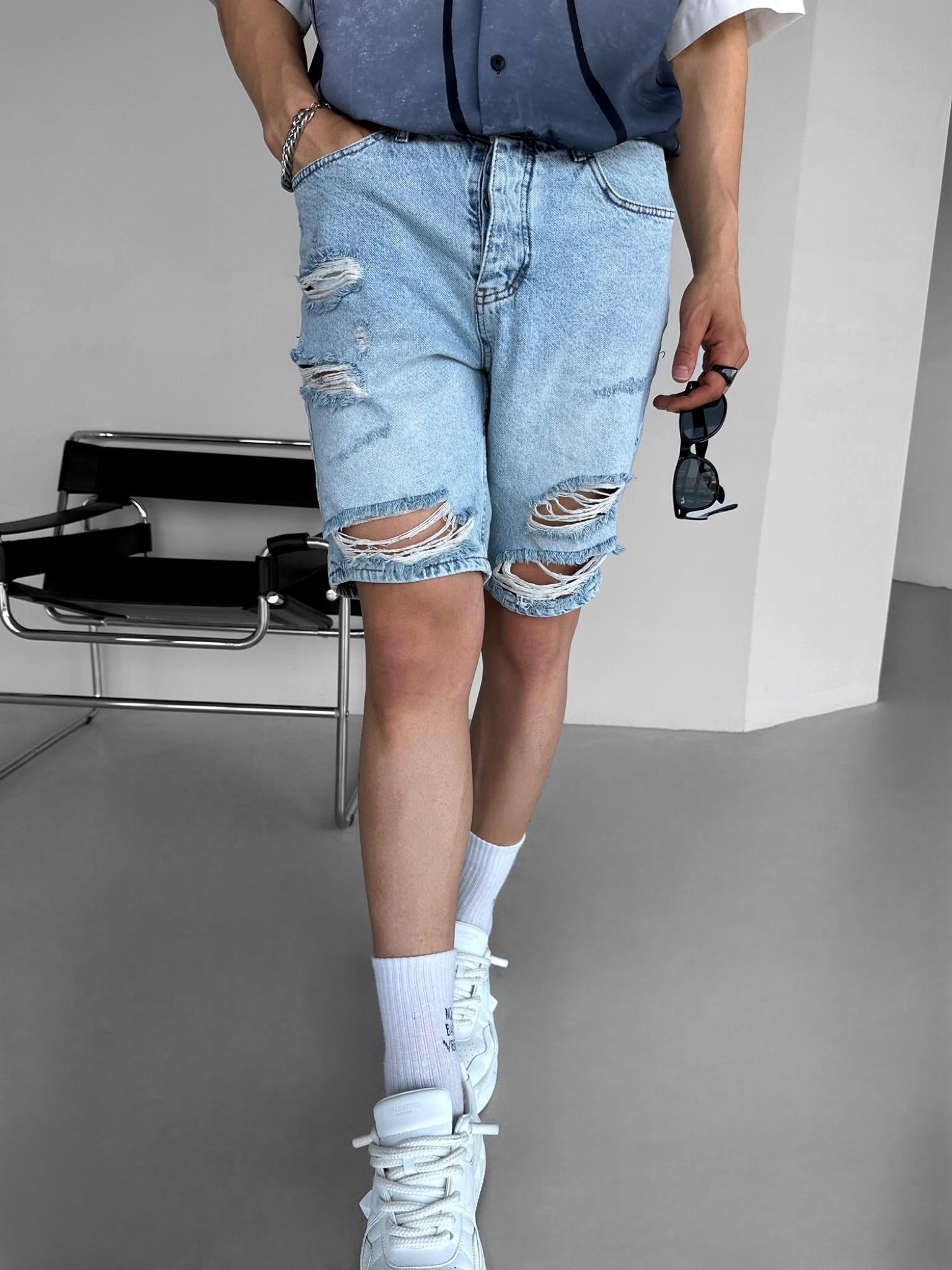 Erkek Baggy Distressed Jean Şort Açık Mavi · 2