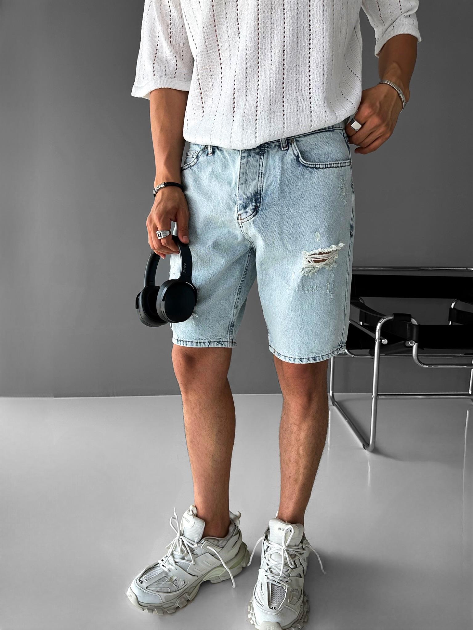 Erkek Baggy Fit Distressed Jean Şort Buz Mavi