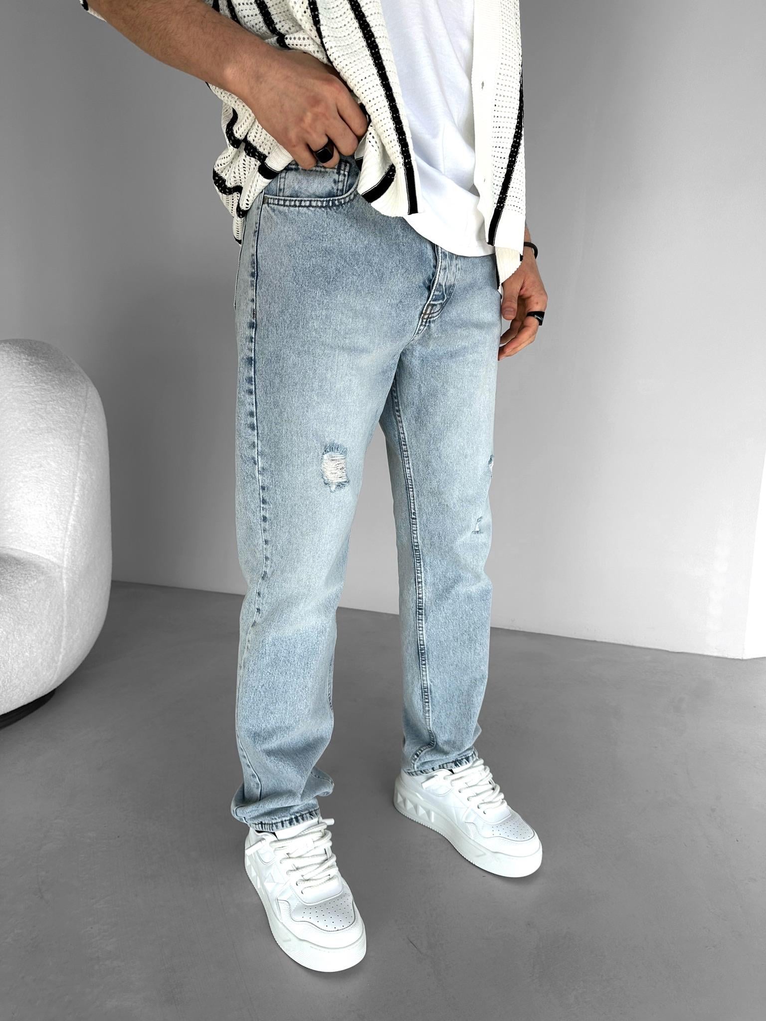 Erkek Baggy Fit Distressed Jean Pantolon Açık Mavi · 2