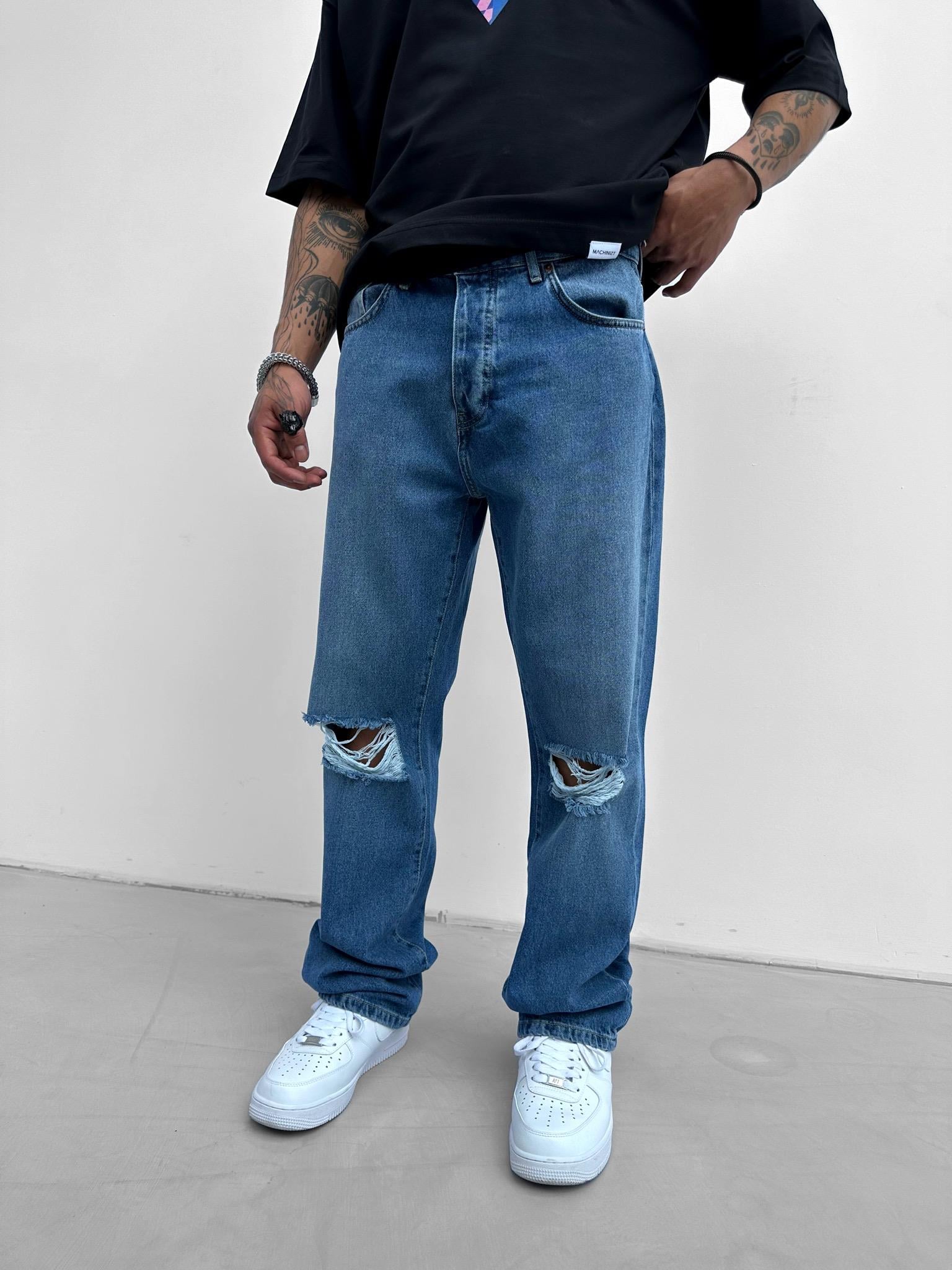 Erkek Boyfriend Fit Distressed Jean Koyu Mavi