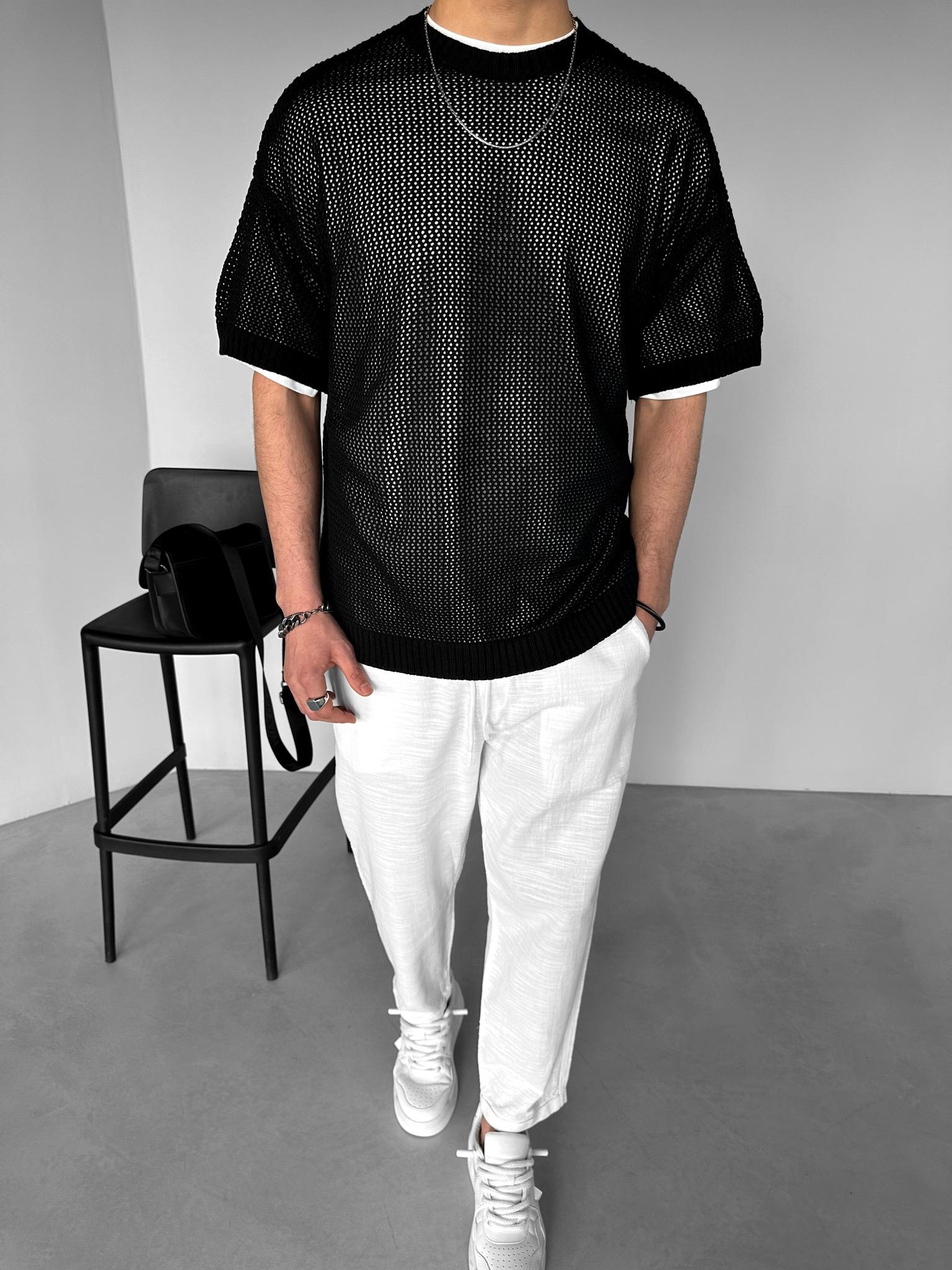 Erkek Oversize Delikli Desenli Triko T-Shirt Siyah