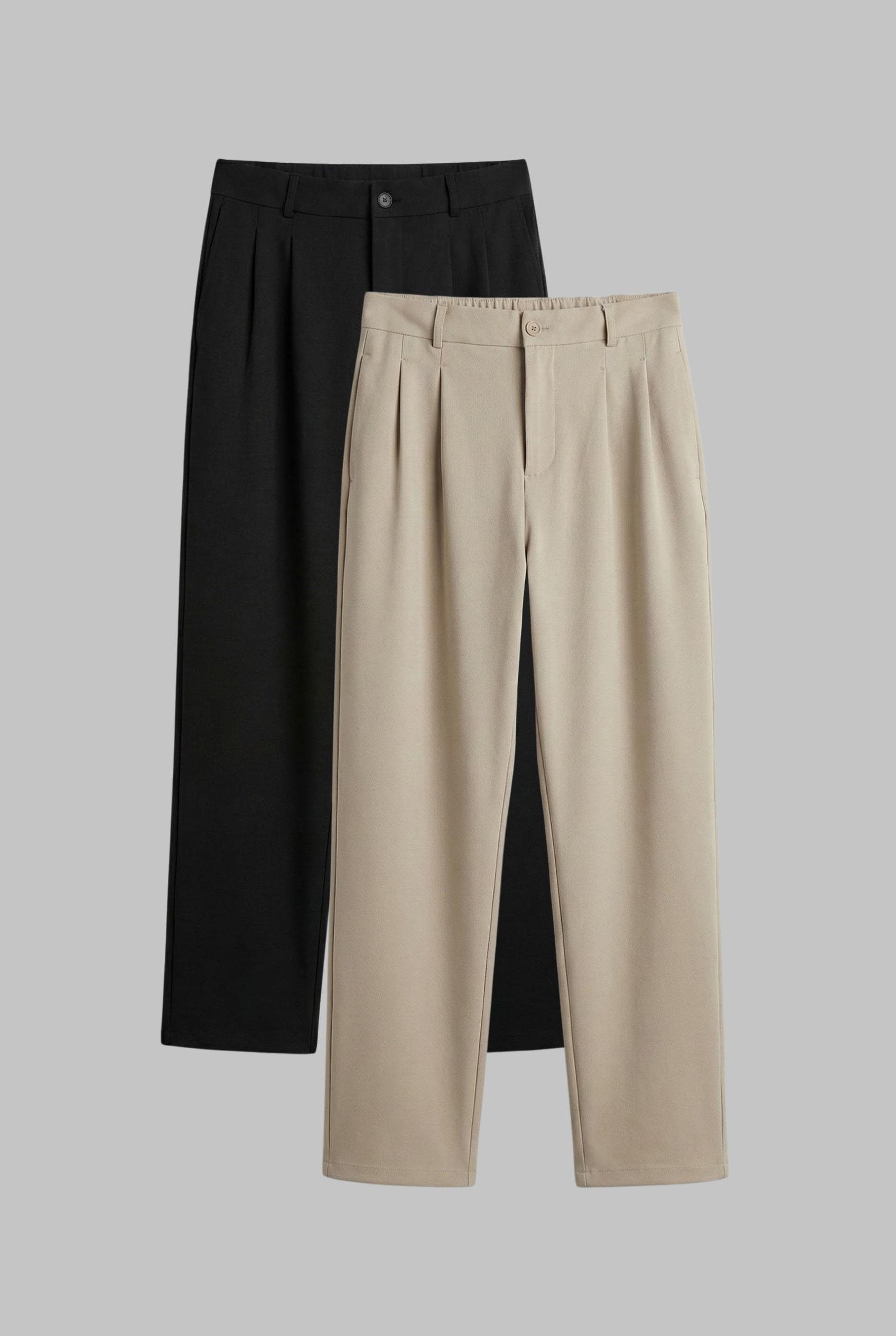 Erkek Baggy Fit 2'Li Kumaş Pantolon Siyah Bej