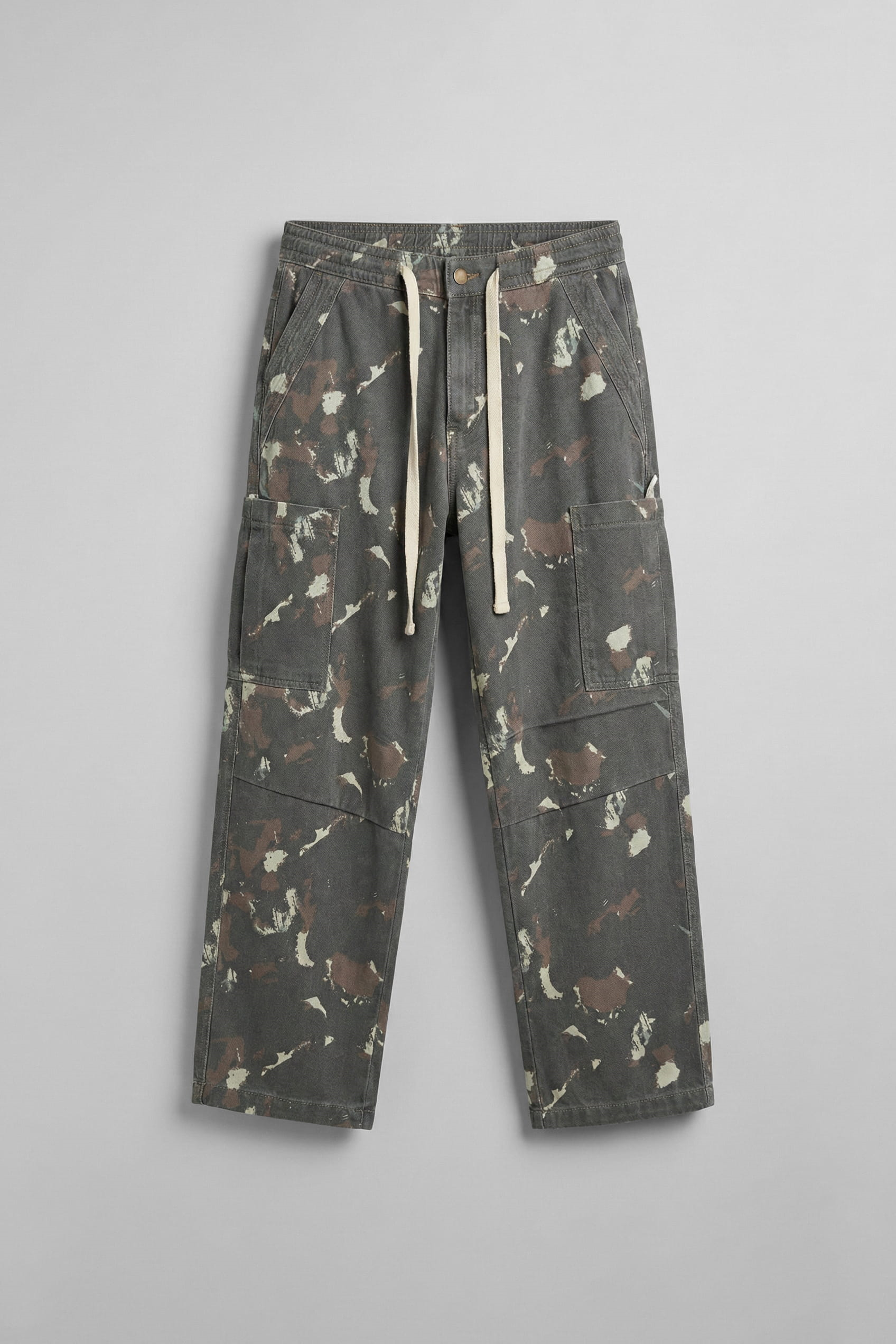 Erkek Baggy Fit Kamuflajlı Kargo Cepli Jean Pantolon Haki