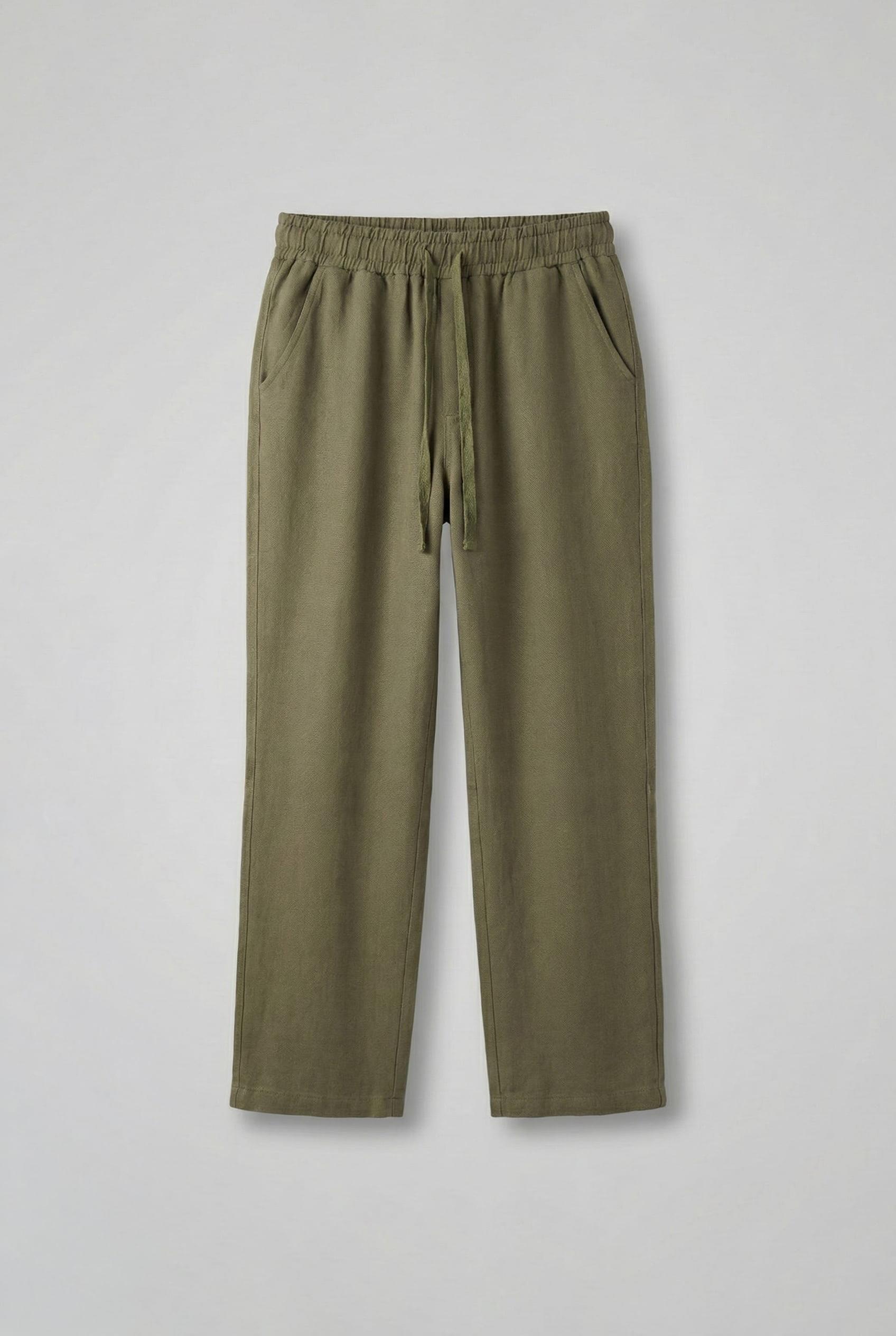 Erkek Baggy Fit Keten Pantolon Haki Yeşil