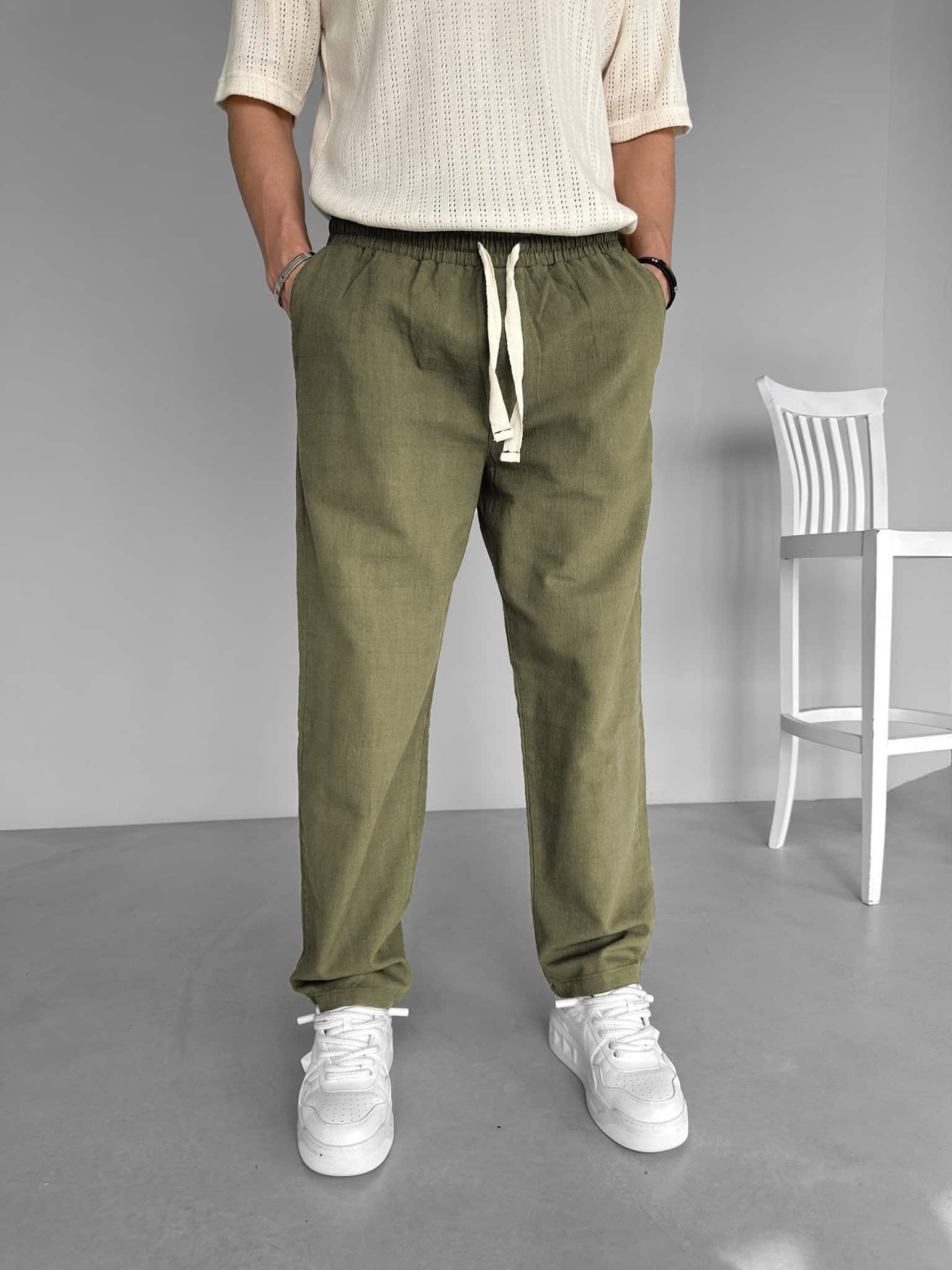Erkek Baggy Fit Keten Pantolon Haki Yeşil