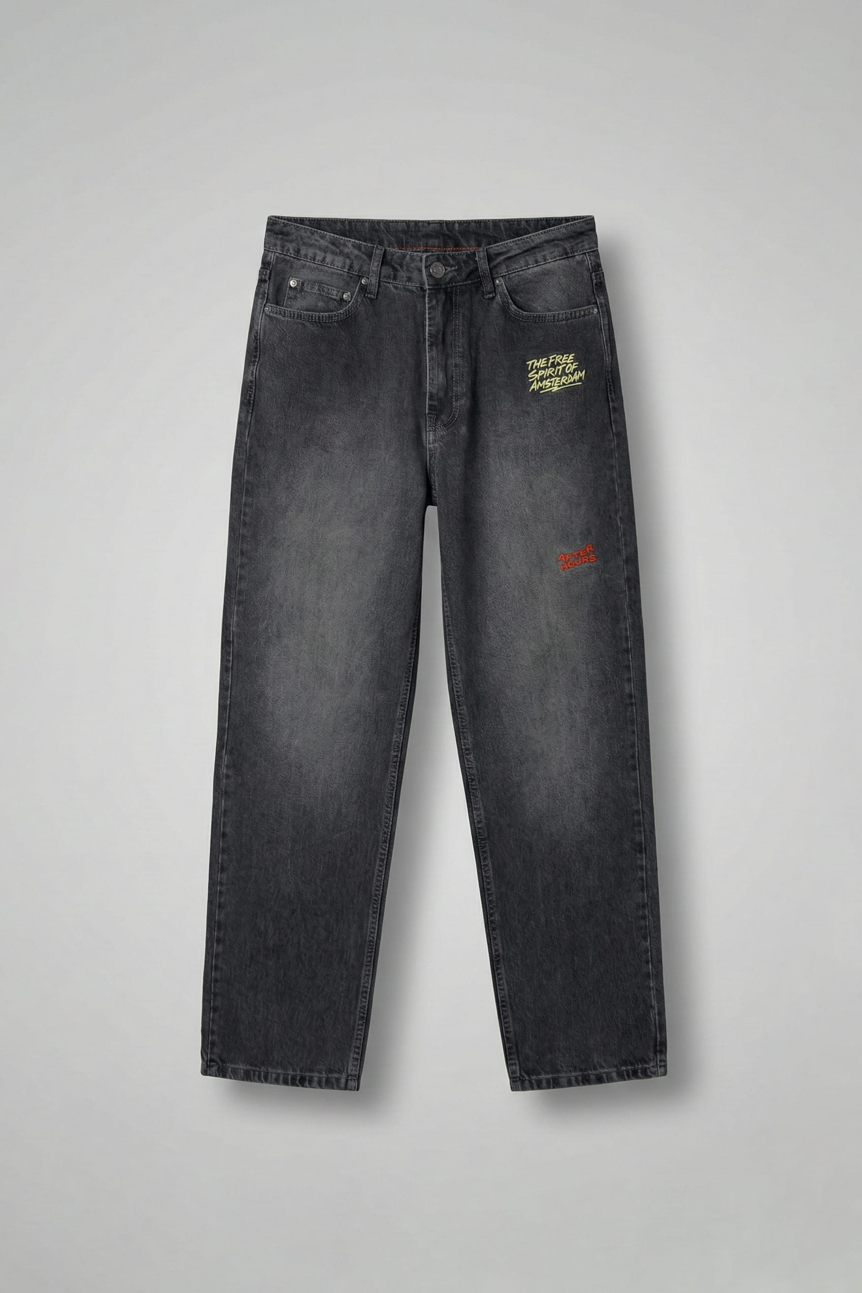 Erkek Baggy Fit Nakışlı Frayed Jean Pantolon Siyah