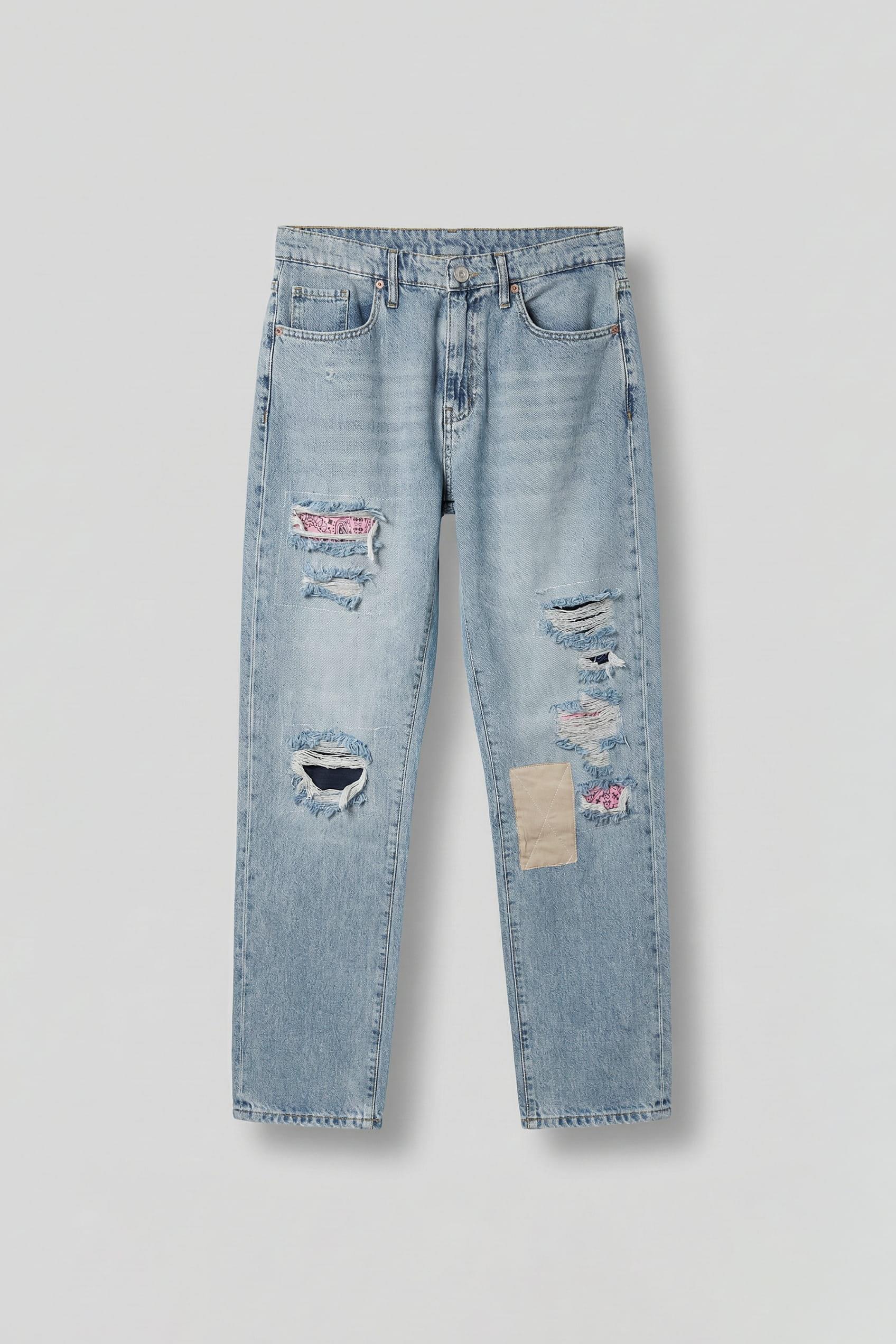 Erkek Baggy Fit Patchwork Hype Jean Pantolon Mavi
