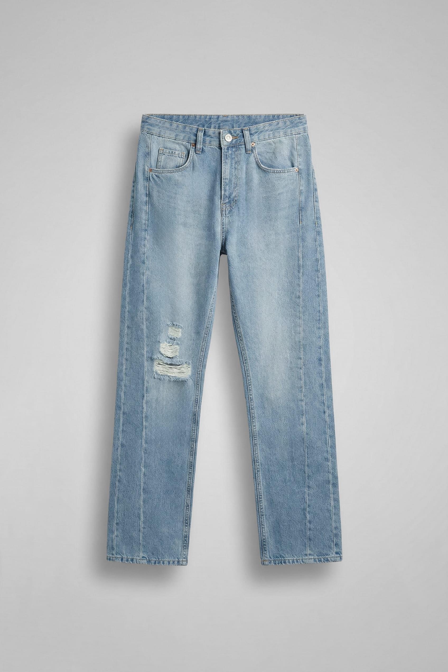 Erkek Baggy Fit Vintage Yıkama Dikiş Detaylı Jean Mavi