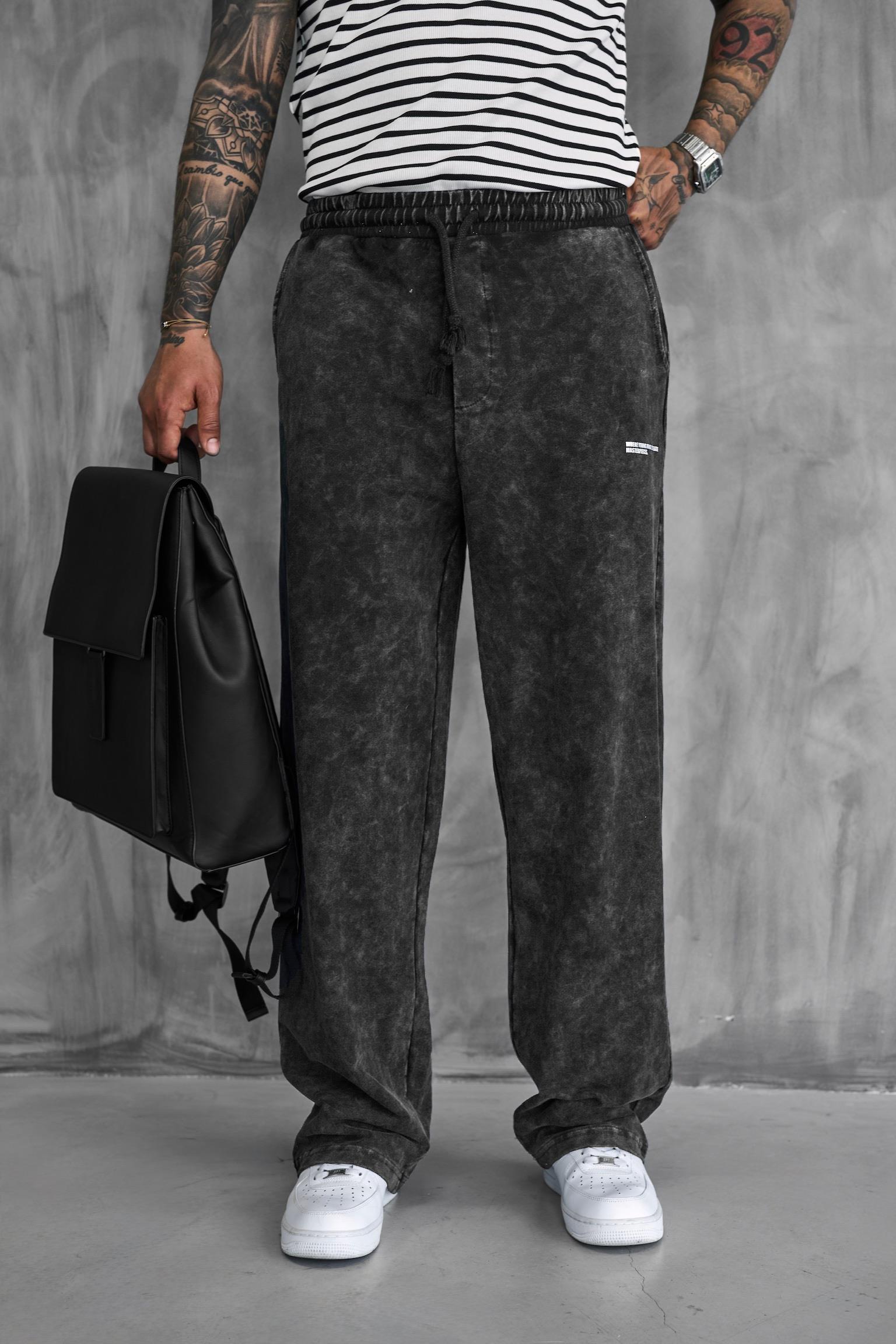 Erkek Baskılı Yıkamalı Baggy Fit Eşofman Siyah