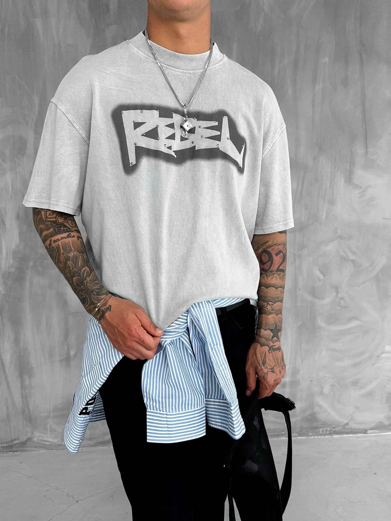 Erkek Baskılı Yıkamalı Premium Oversize T-Shirt Gri · 5