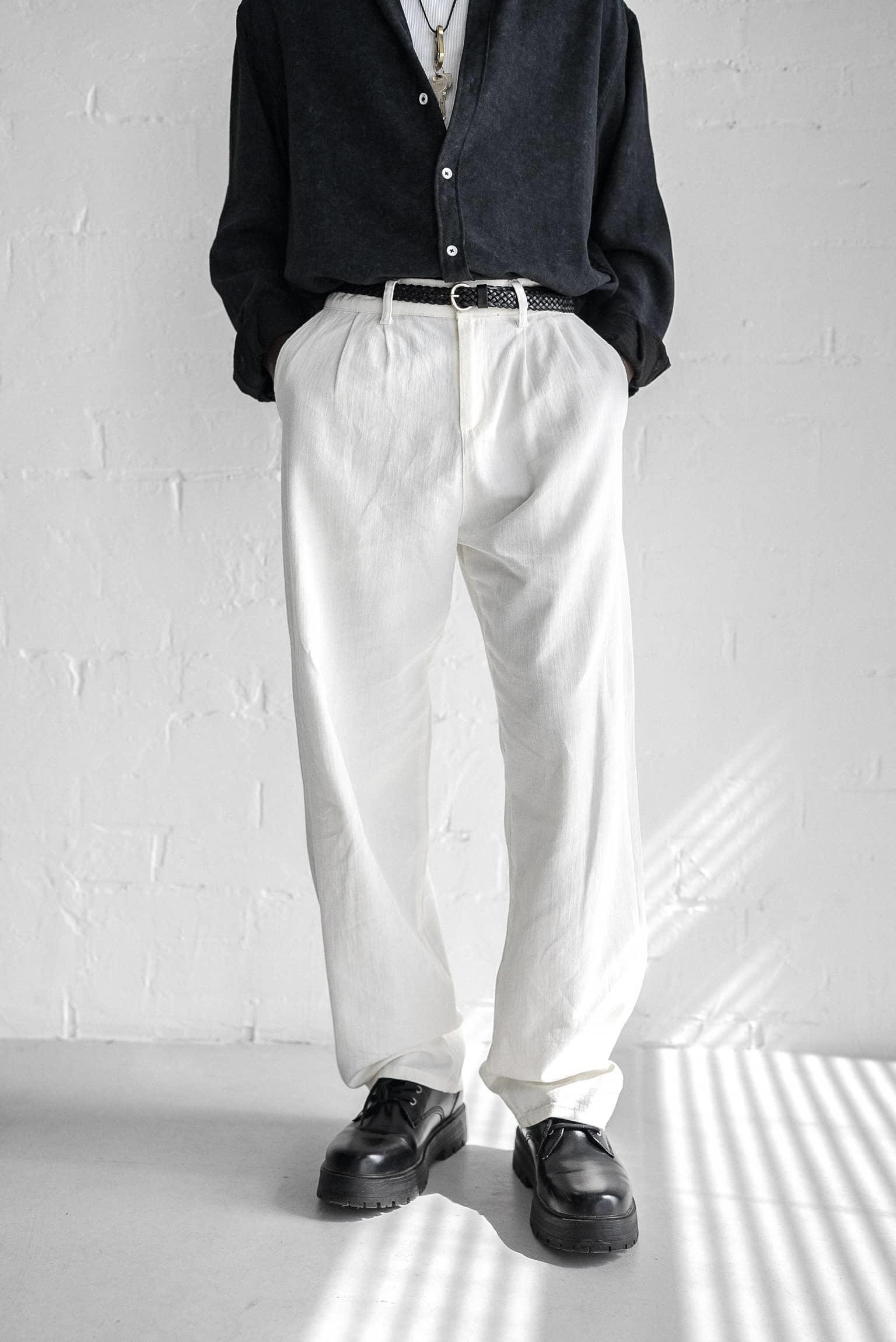 Erkek Beli Lastikli Desenli Baggy Pantolon Beyaz