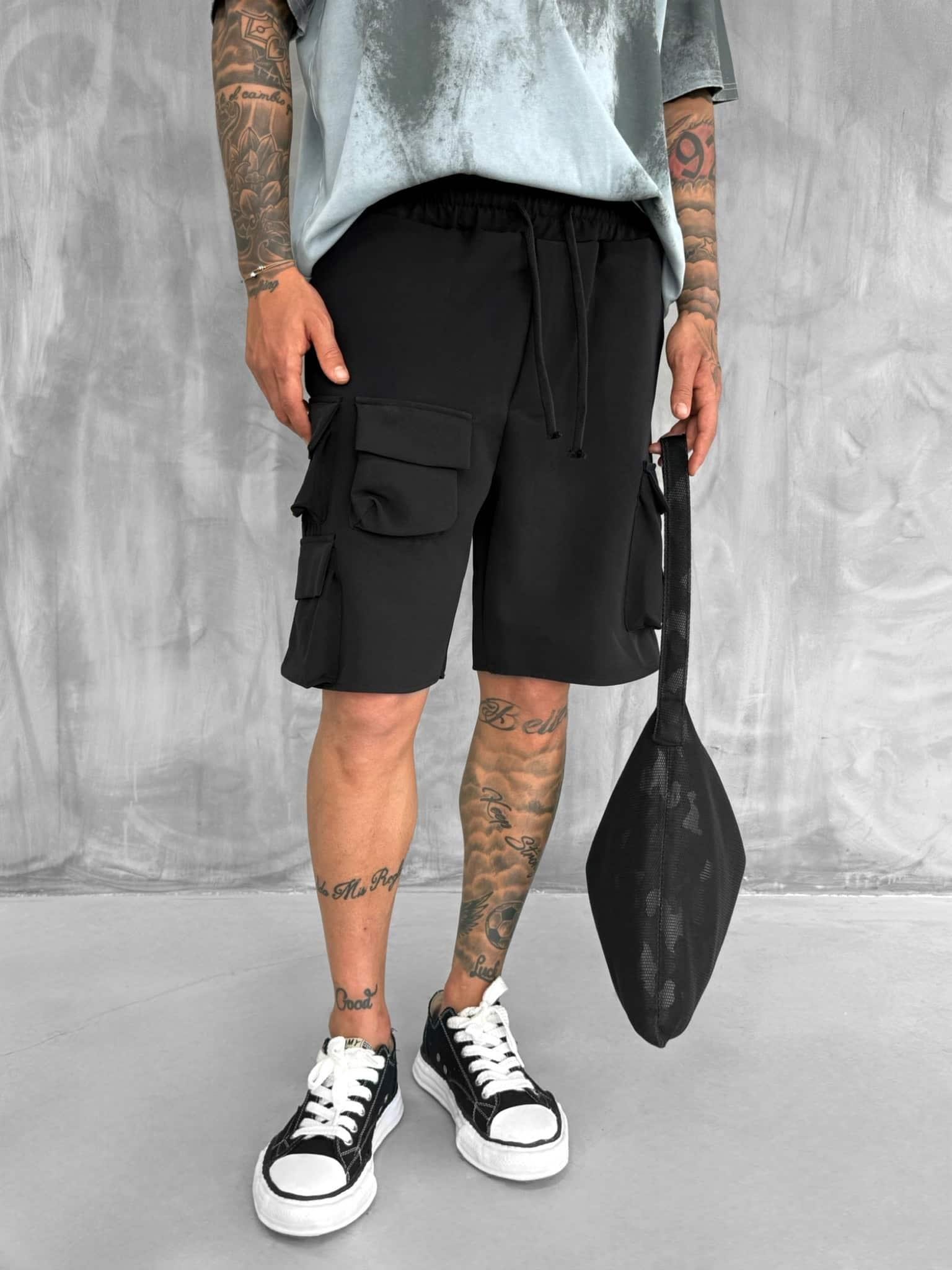 Erkek Beli Lastikli Kargo Cepli Oversize Şort Siyah