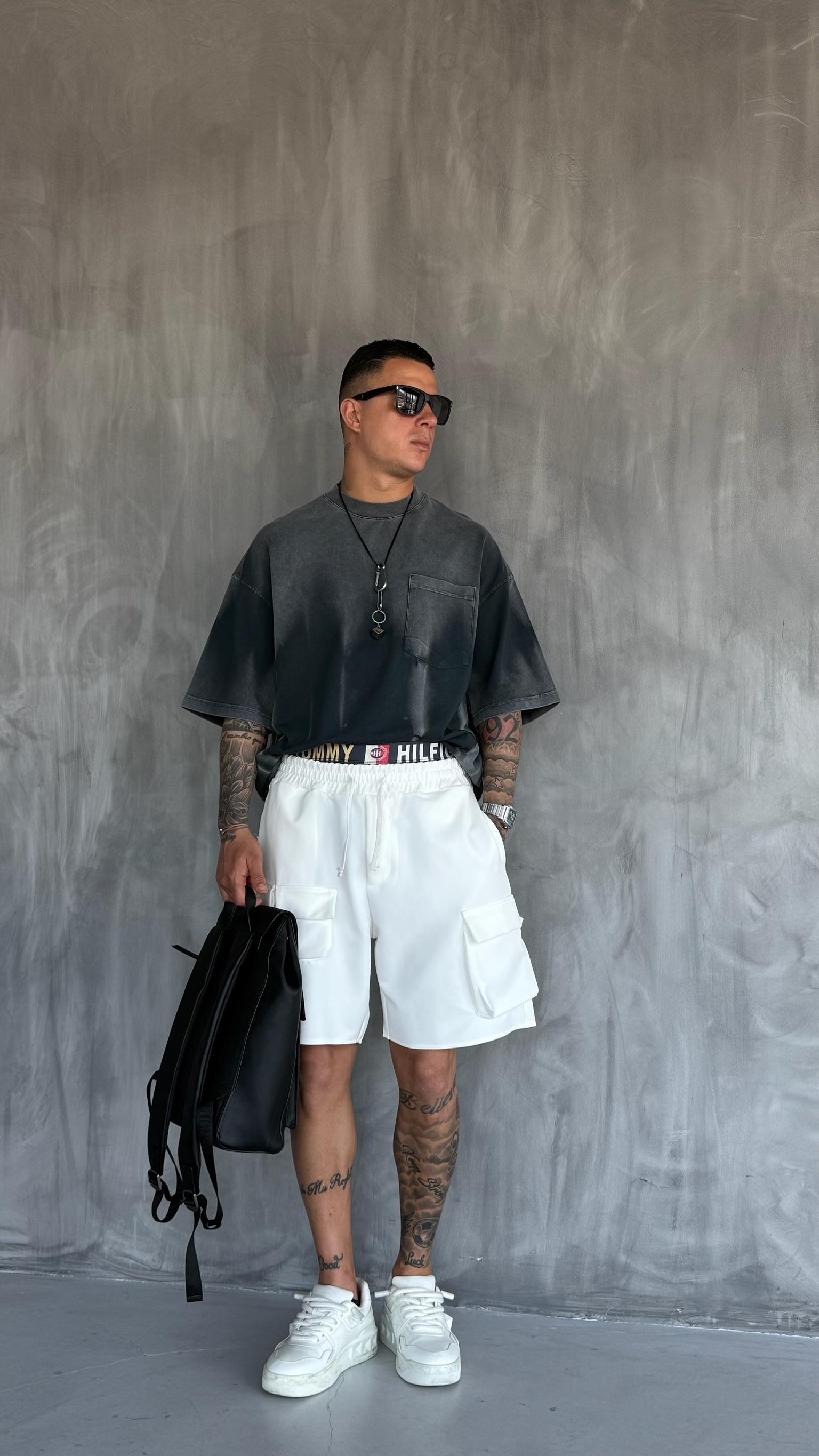 Erkek Beli Lastikli Kargo Cepli Oversize Şort Beyaz