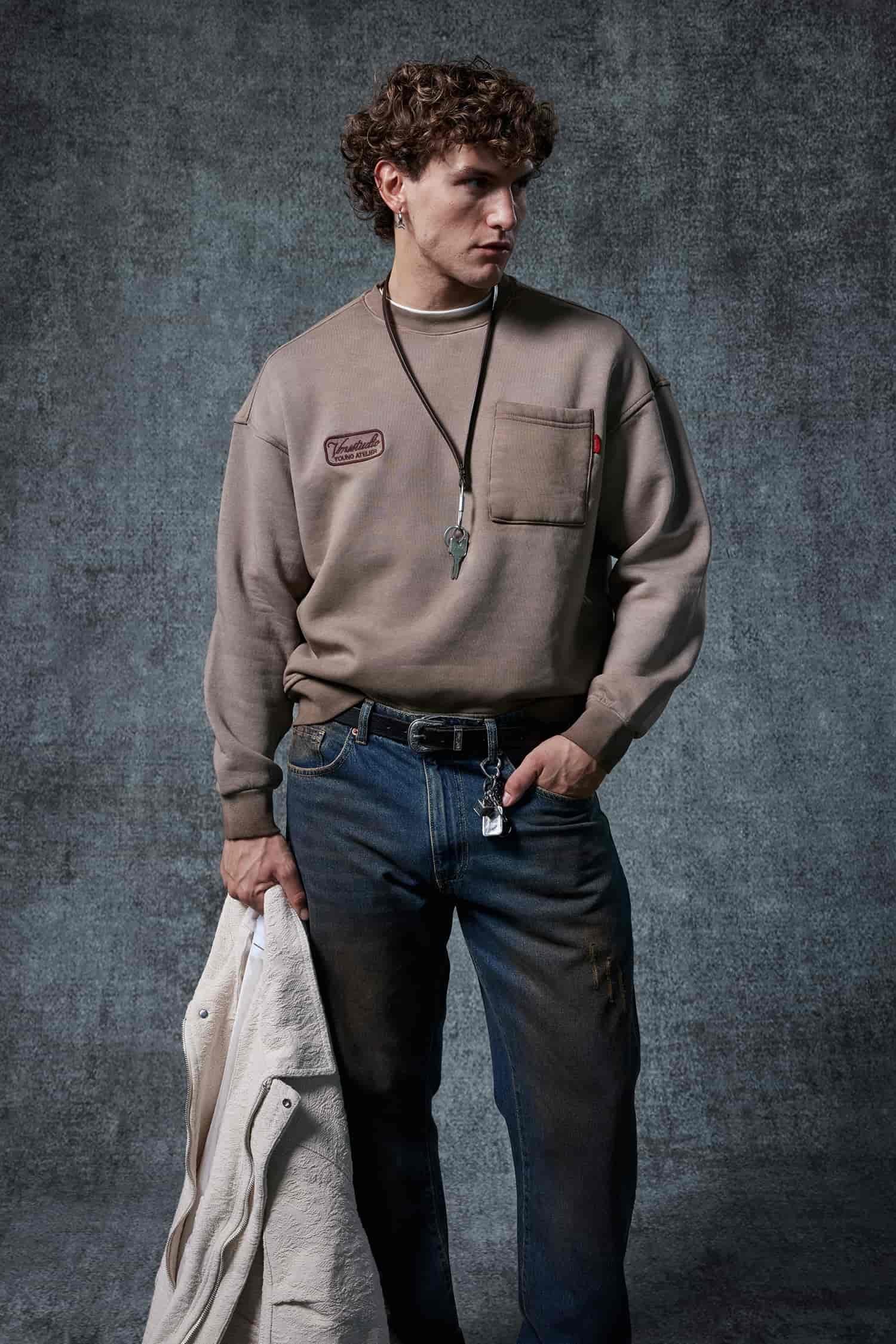 Erkek Bisiklet Yaka Cep Detaylı Sweatshirt Kahverengi