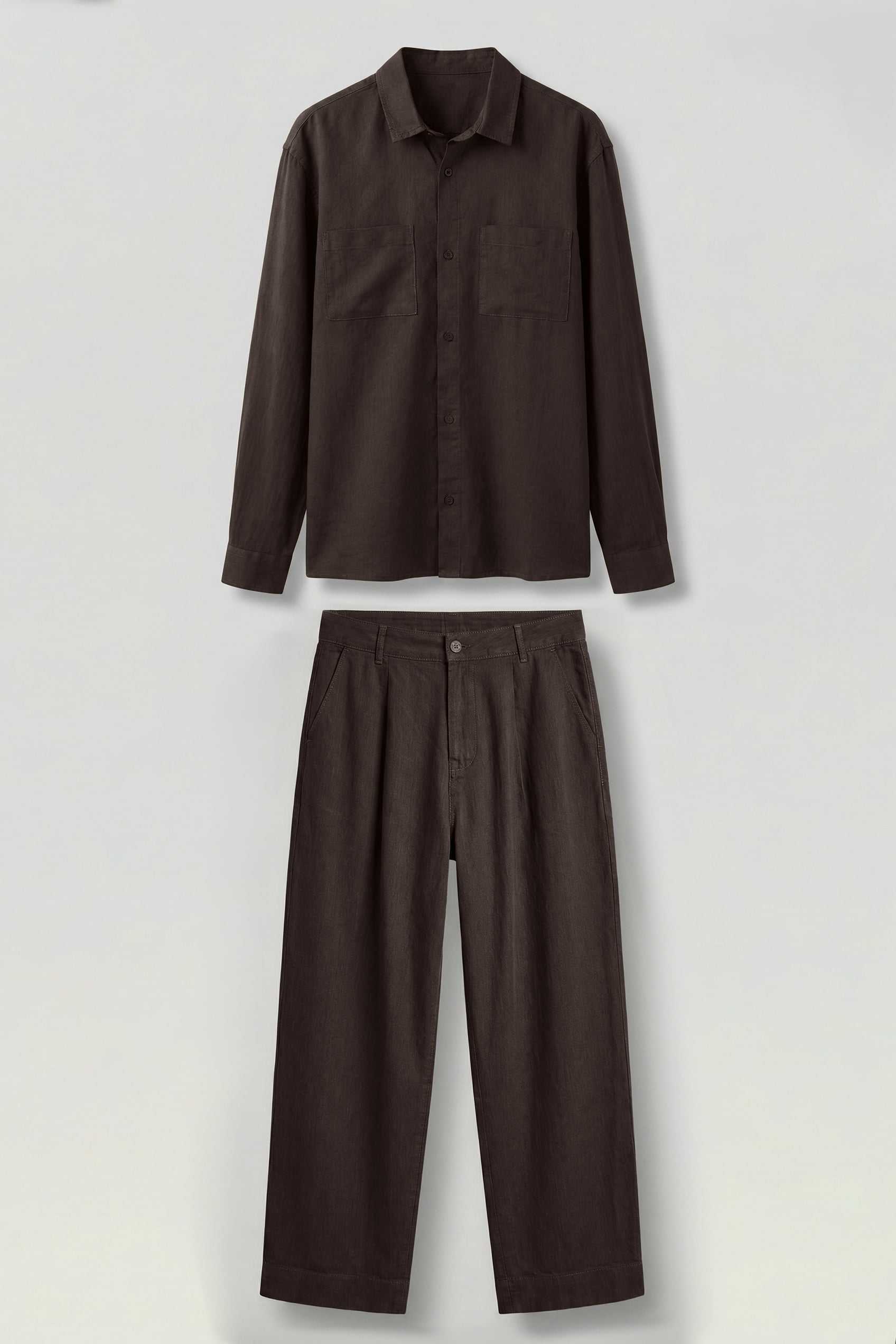 Erkek Bol Kesim Gömlek Pantolon Keten İkili Takım Kahverengi