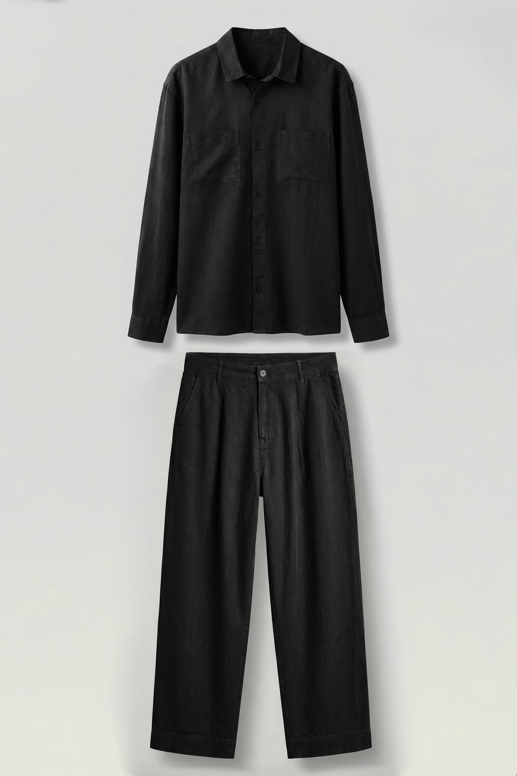 Erkek Bol Kesim Gömlek Pantolon Keten İkili Takım Siyah