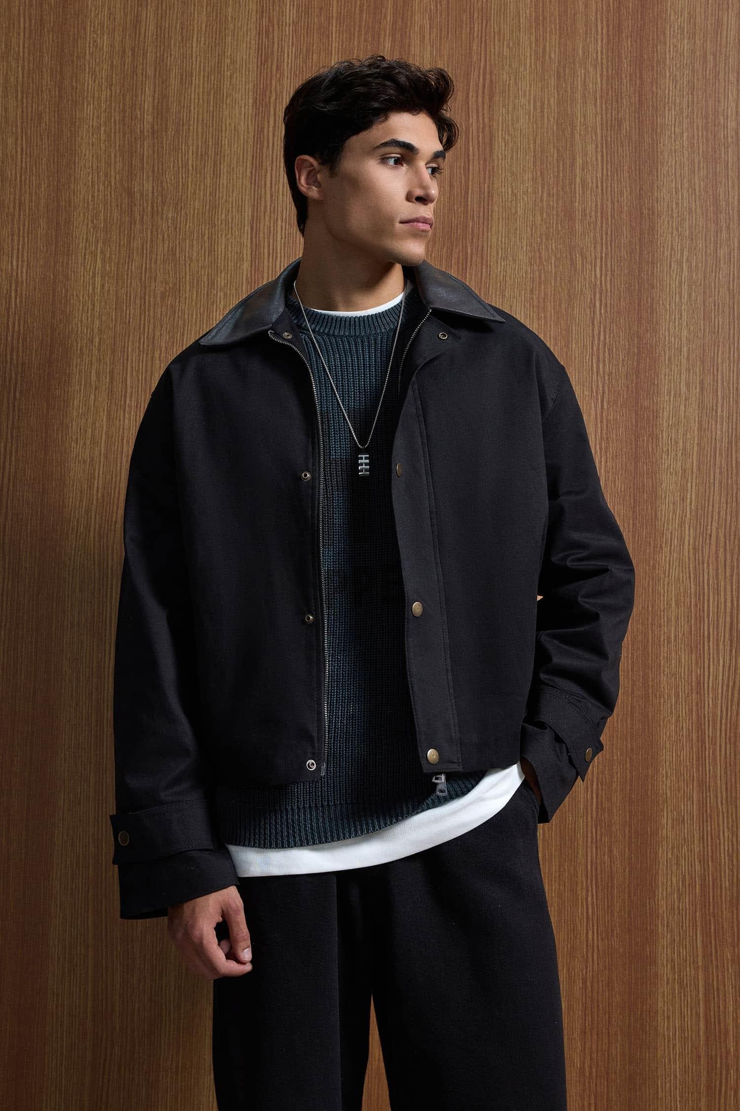 Erkek Boxy Fit Geniş Kesim Kontrast Yaka Premium Ceket Siyah