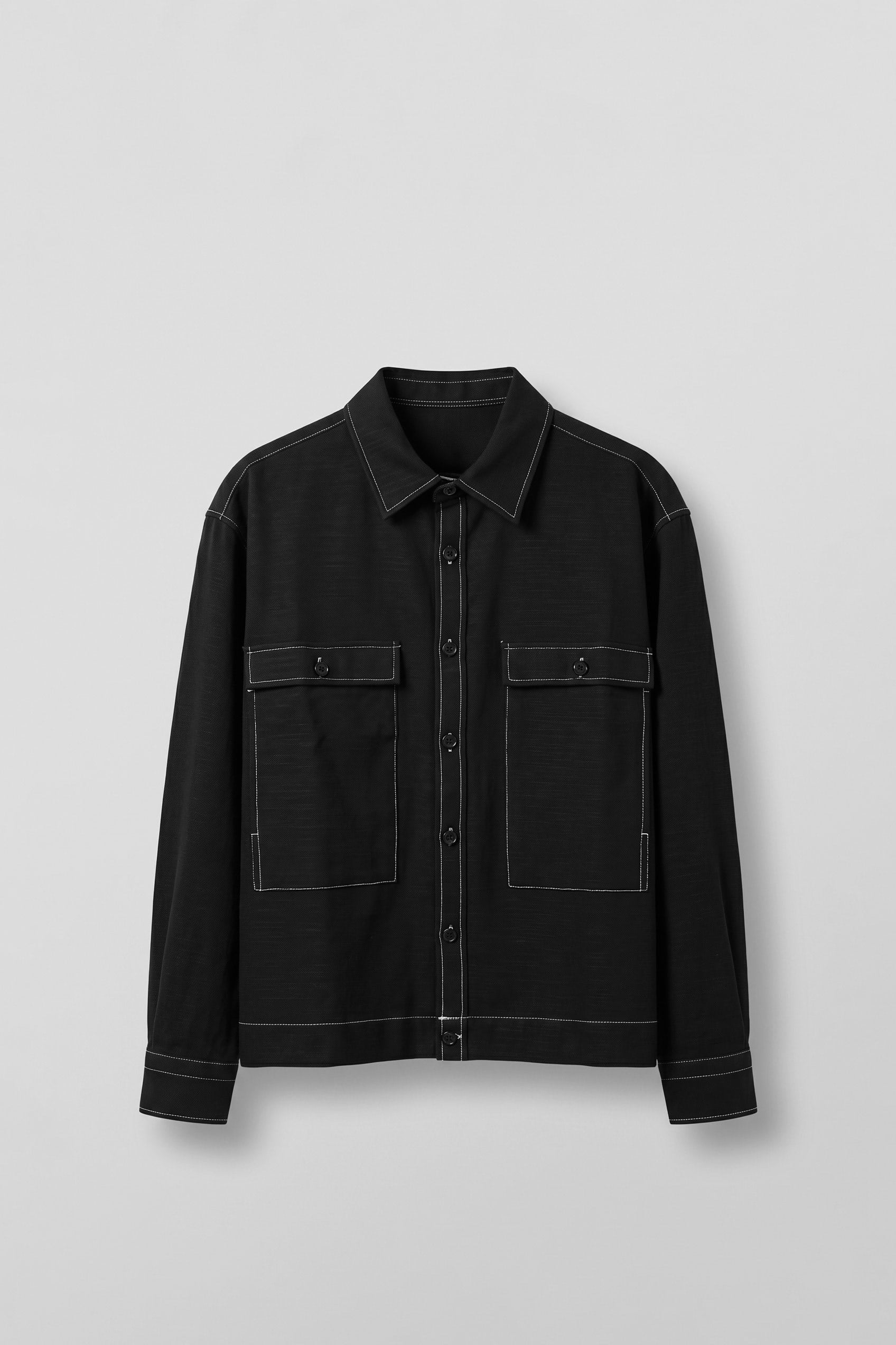 Erkek Boxy Fit Kontrast Dikişli Pamuklu Overshirt Gömlek Siyah