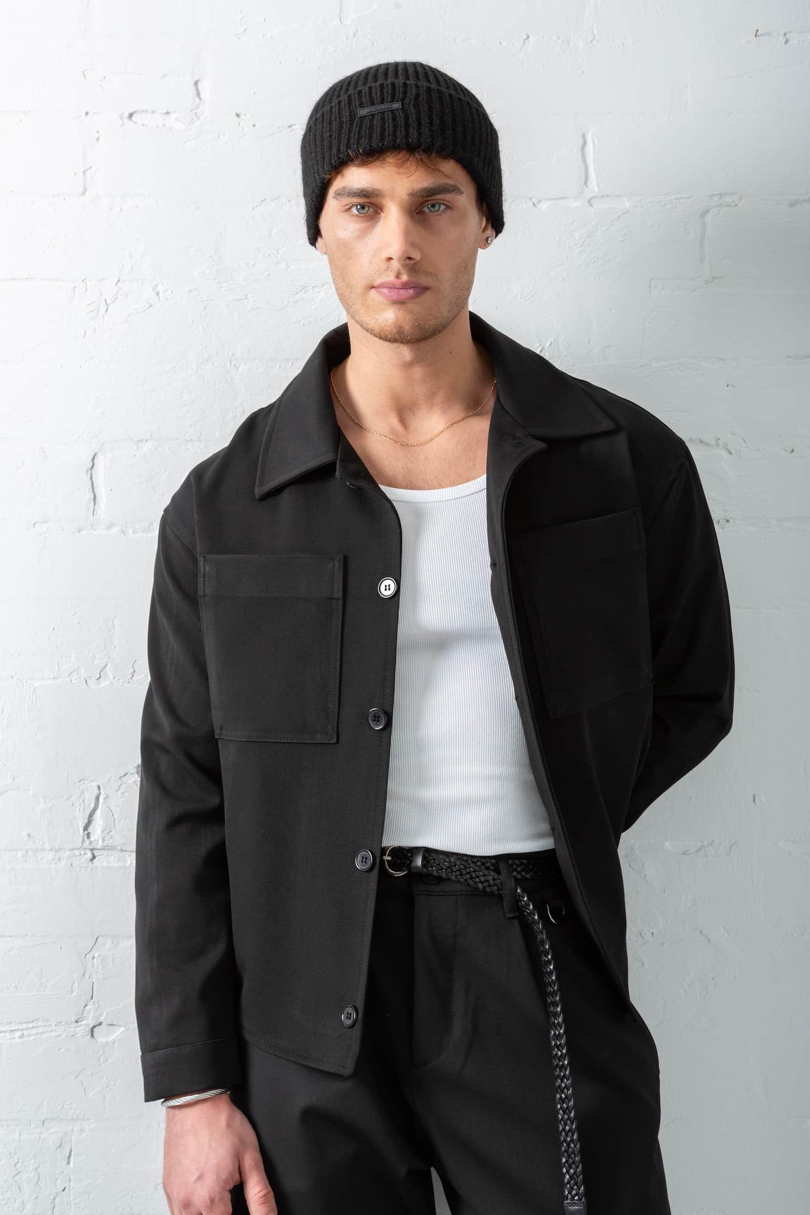 Erkek Boxy Fit Önü Cepli İnce Ceket Siyah