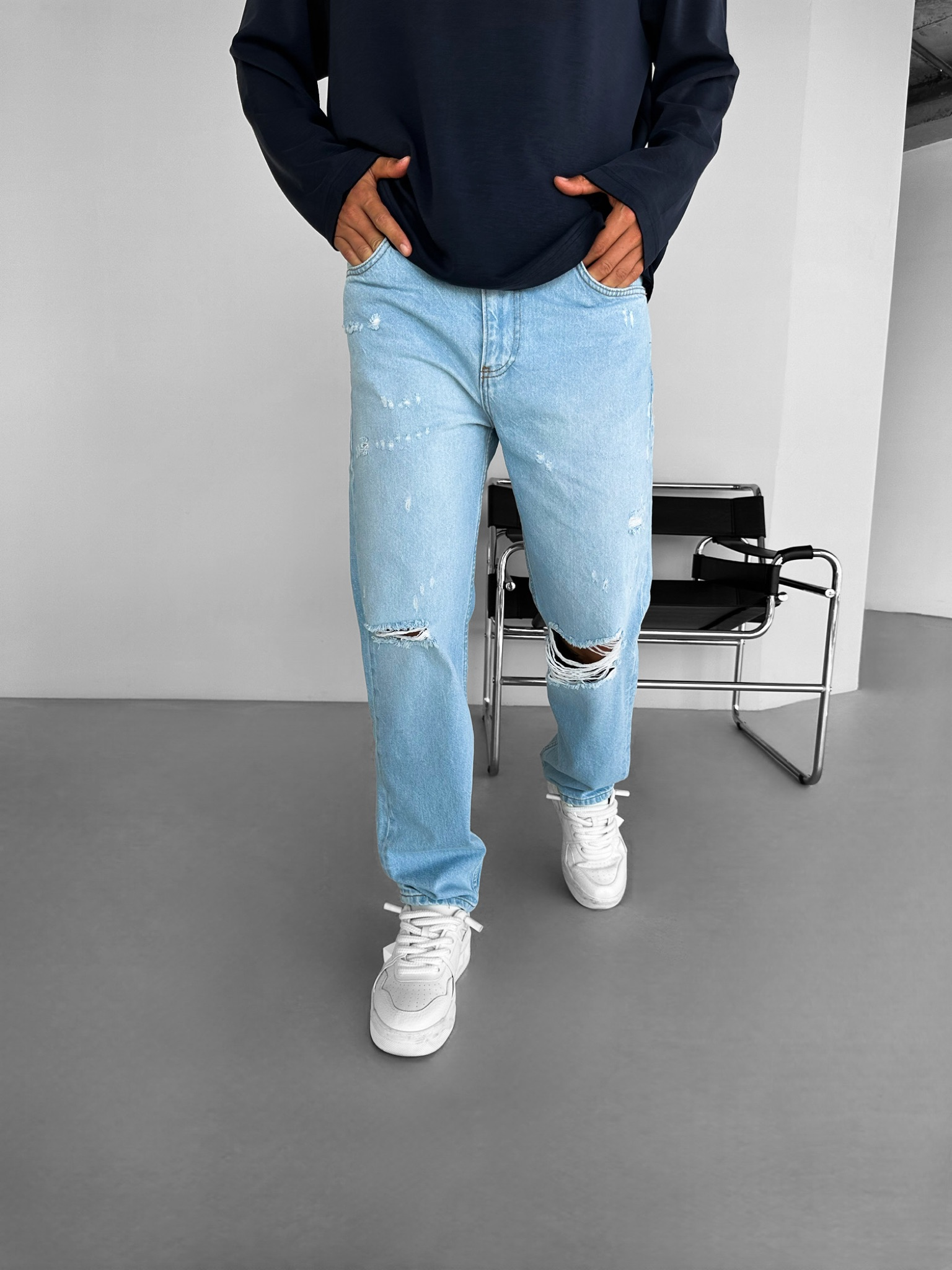 Erkek Boyfriend Distressed Pantolon Jean Açık Mavi