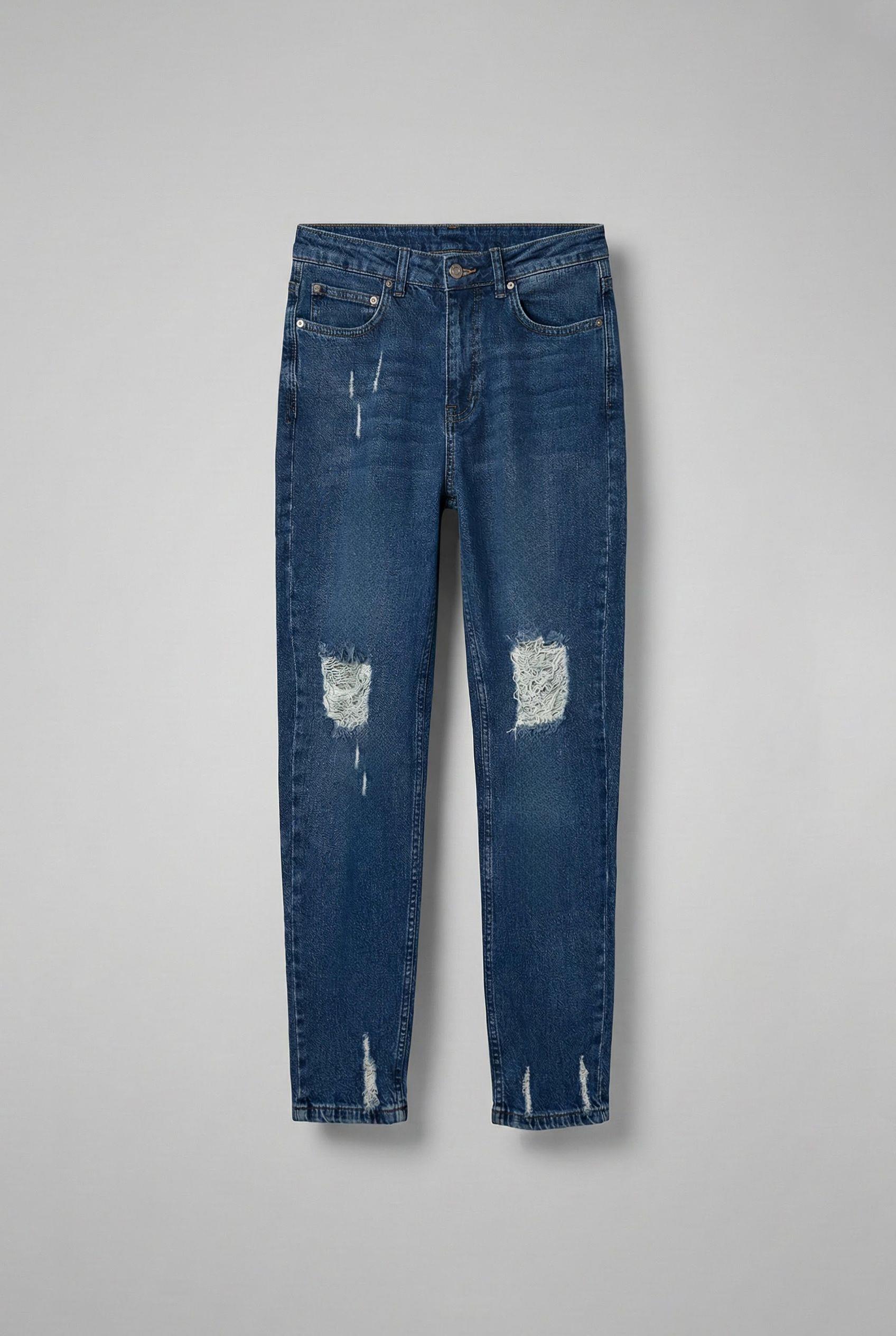 Erkek Boyfriend Kalıp Yıpratılmış Jean Pantolon Koyu Mavi