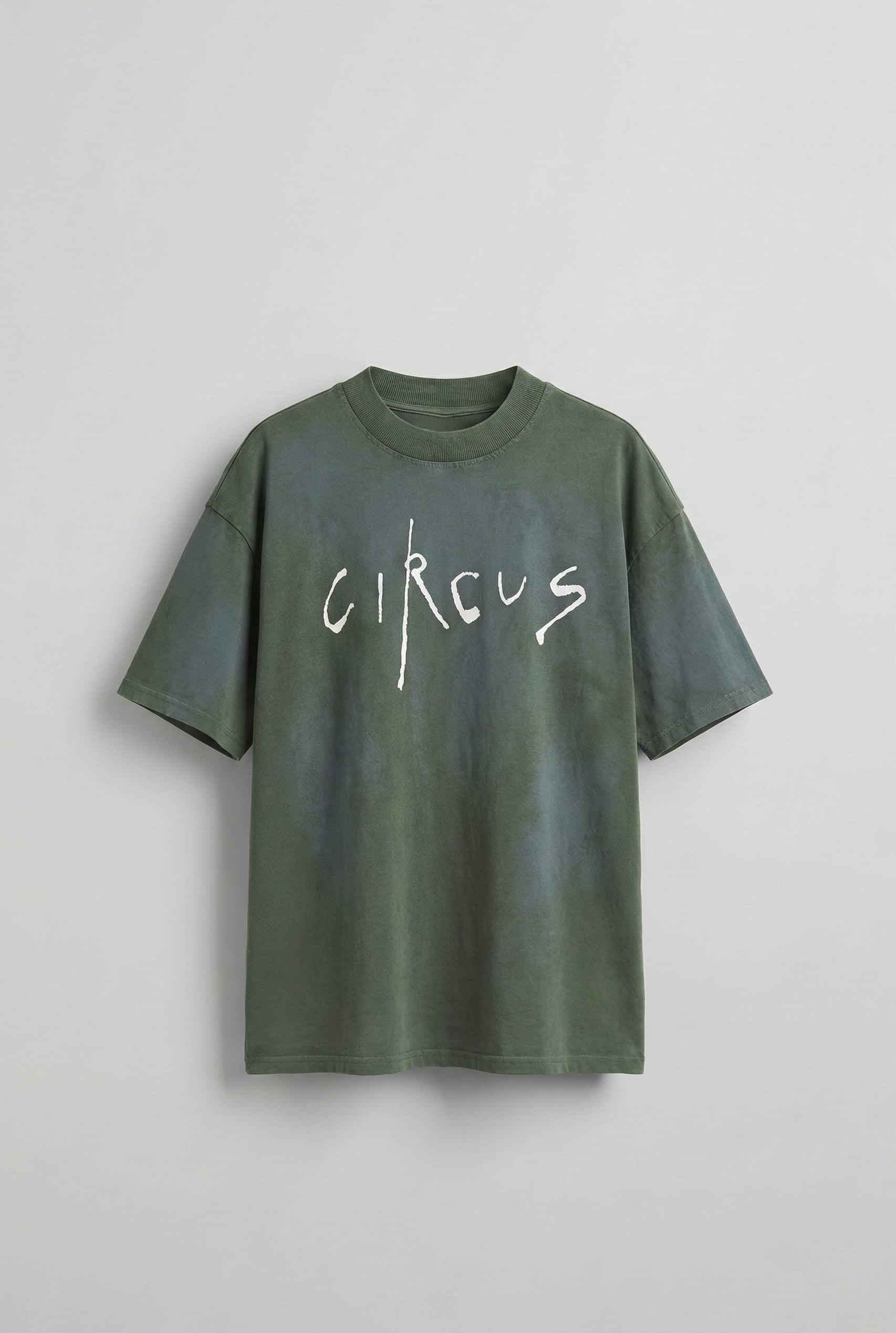 Erkek Cirsus Baskılı Yıkamalı Oversize T-Shırt Haki