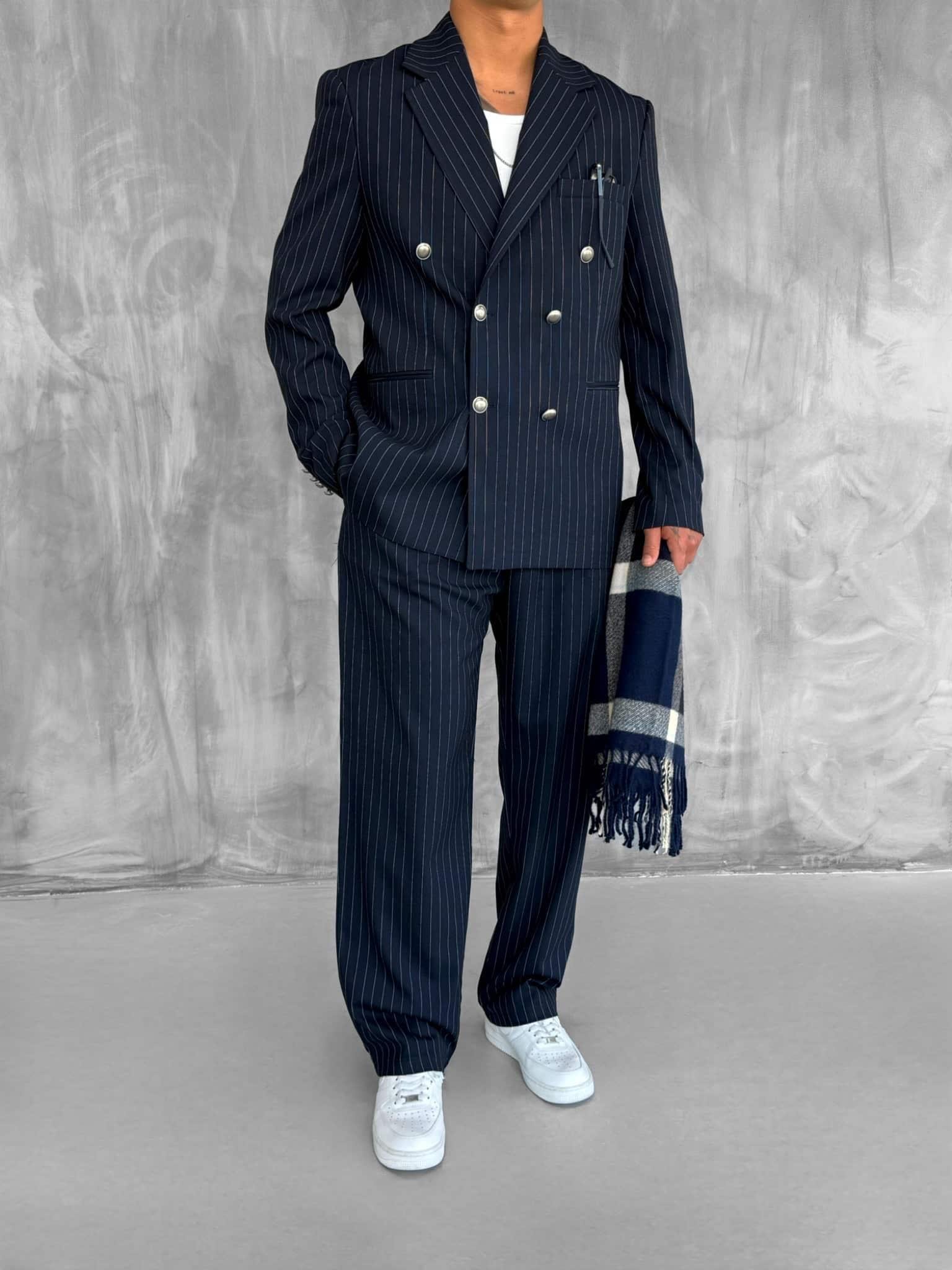 Erkek Çizgili Oversize Kruvaze Takım Elbise Lacivert