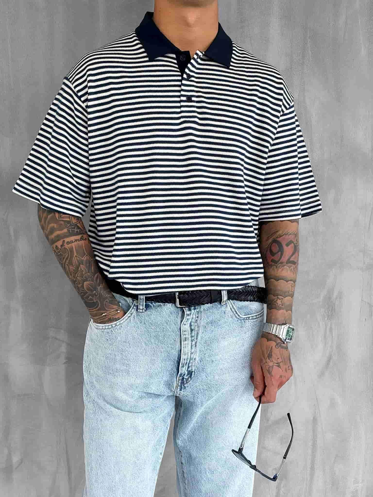 Erkek Çizgili Polo Yaka Oversize T-Shirt Lacivert