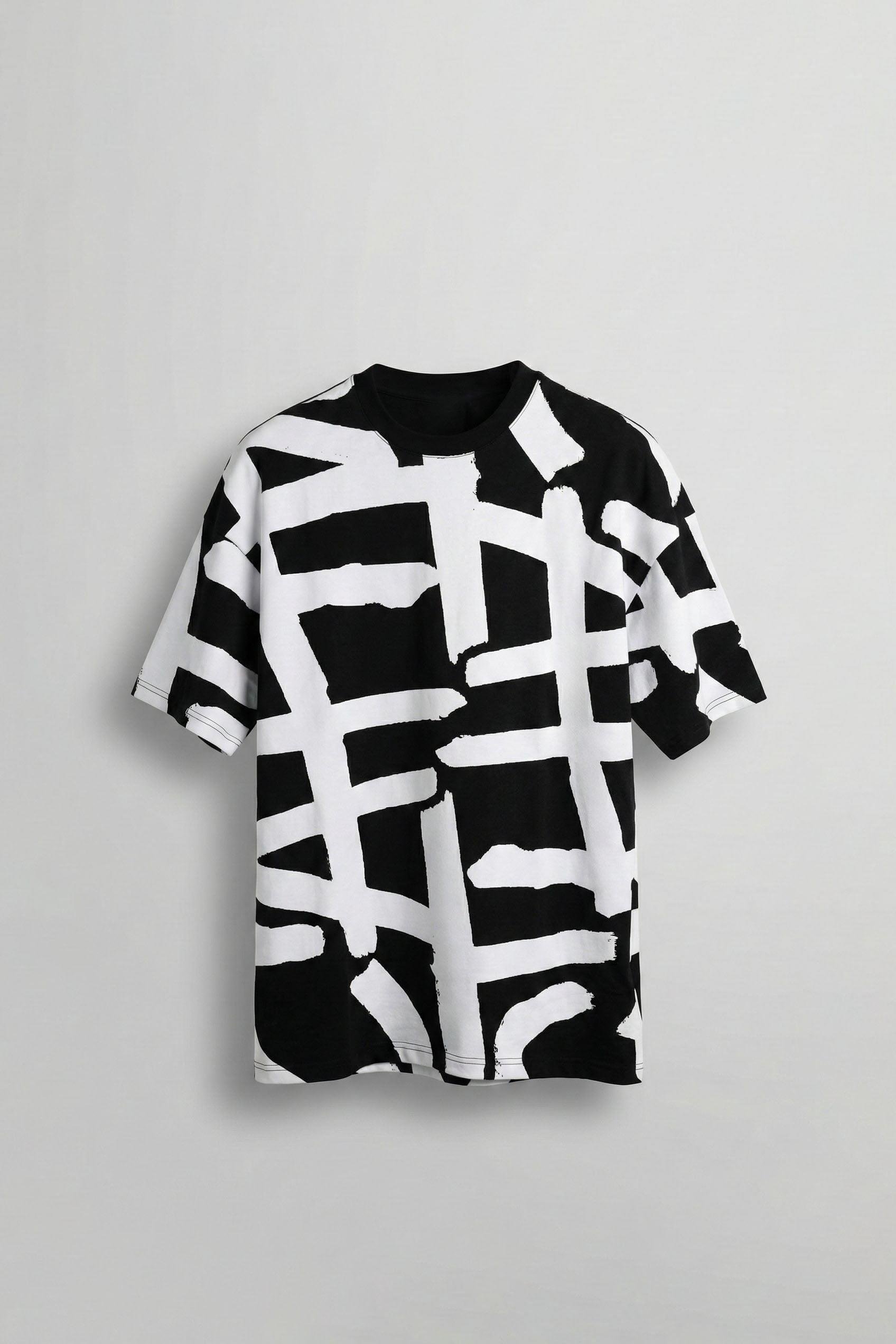 Erkek Desenli Oversize T-Shirt Siyah