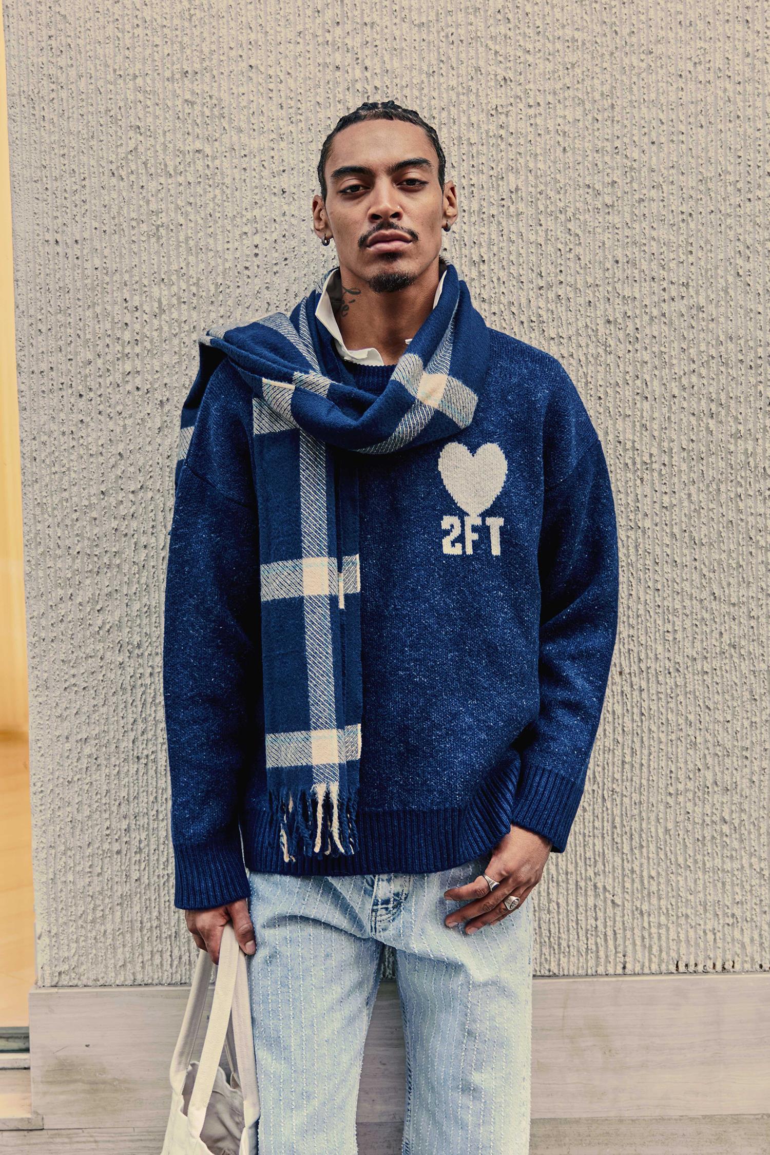 Erkek Desenli Oversize Triko Kazak Lacivert