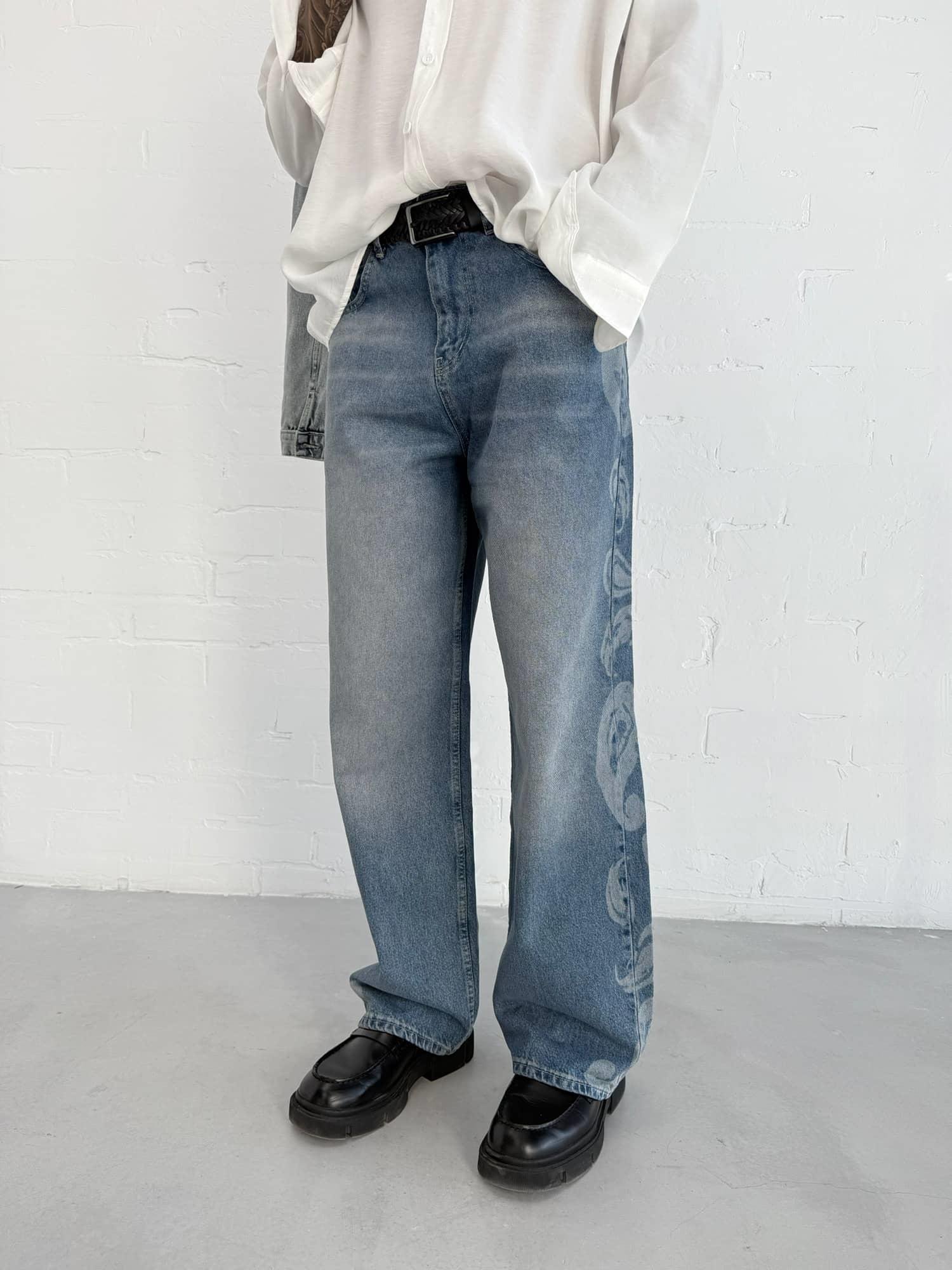 Erkek Desenli Super Baggy Jean Mavi