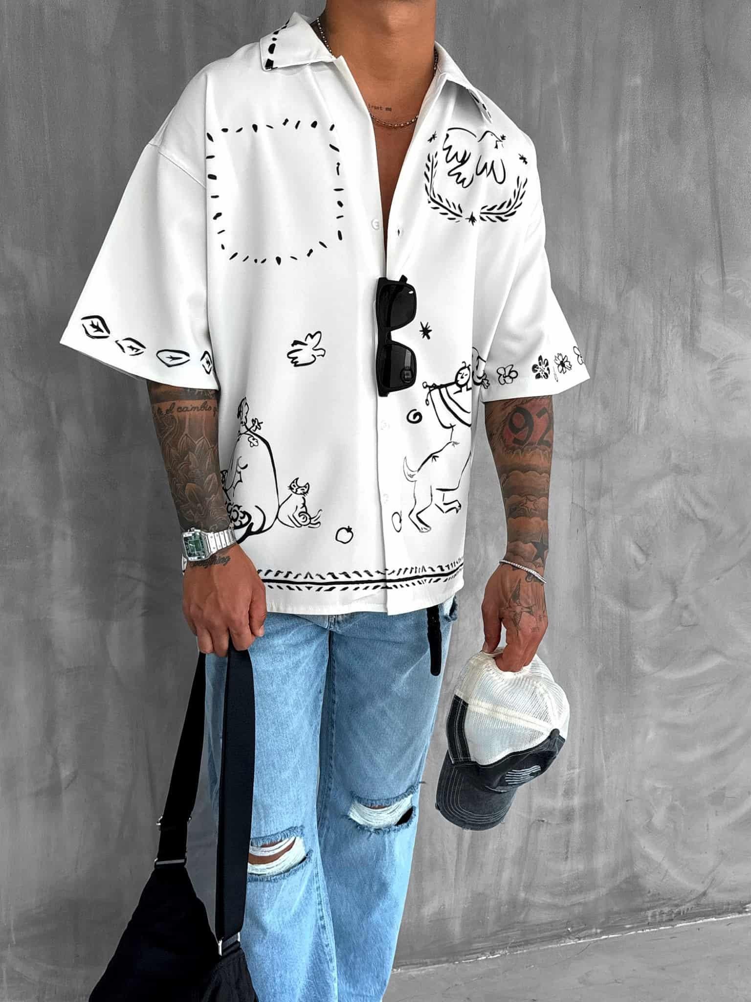 Erkek Desenli Süper Oversize Gömlek Ekru