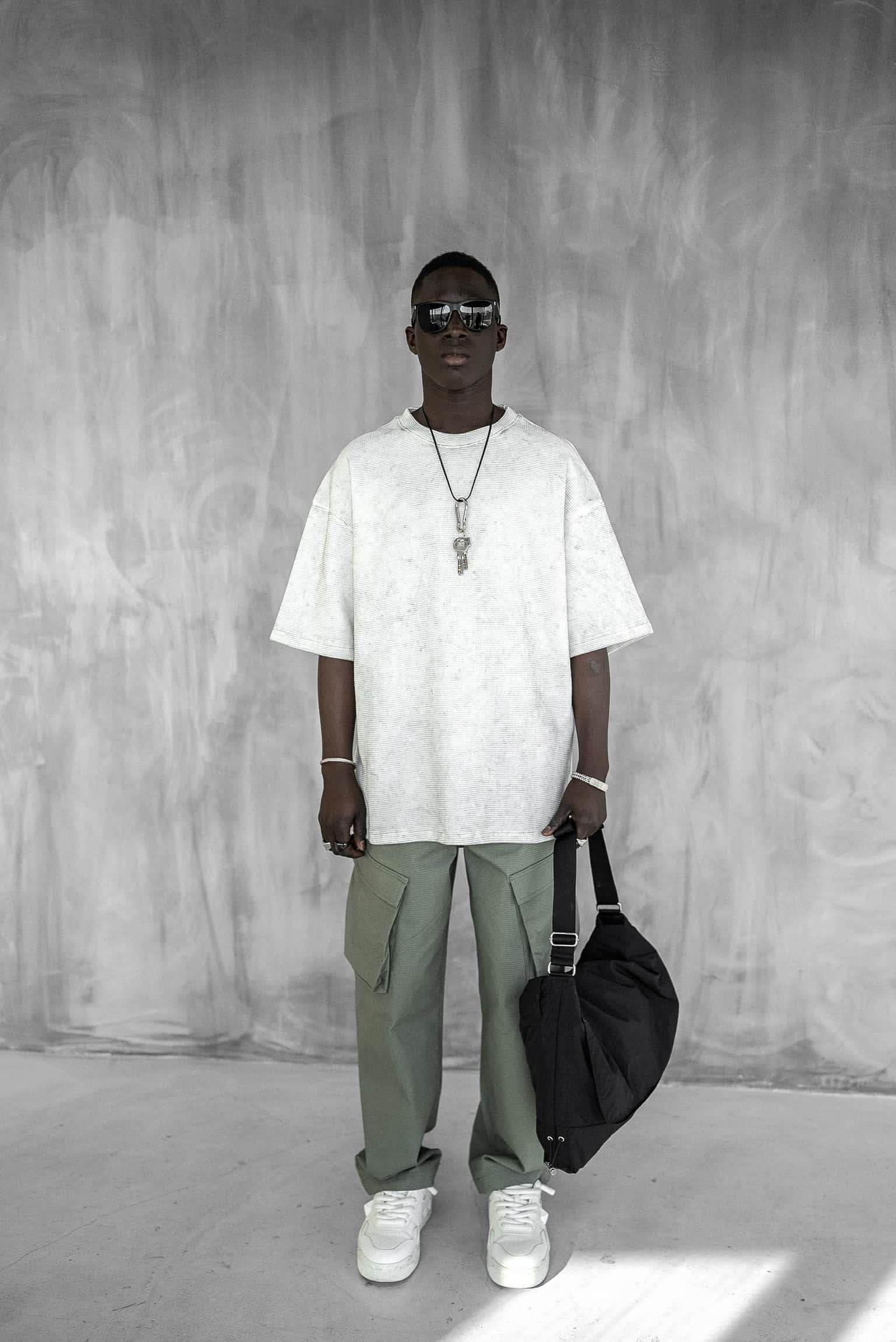 Erkek Desenli Waffle Kumaş Yıkamalı Oversize T-Shirt Ekru