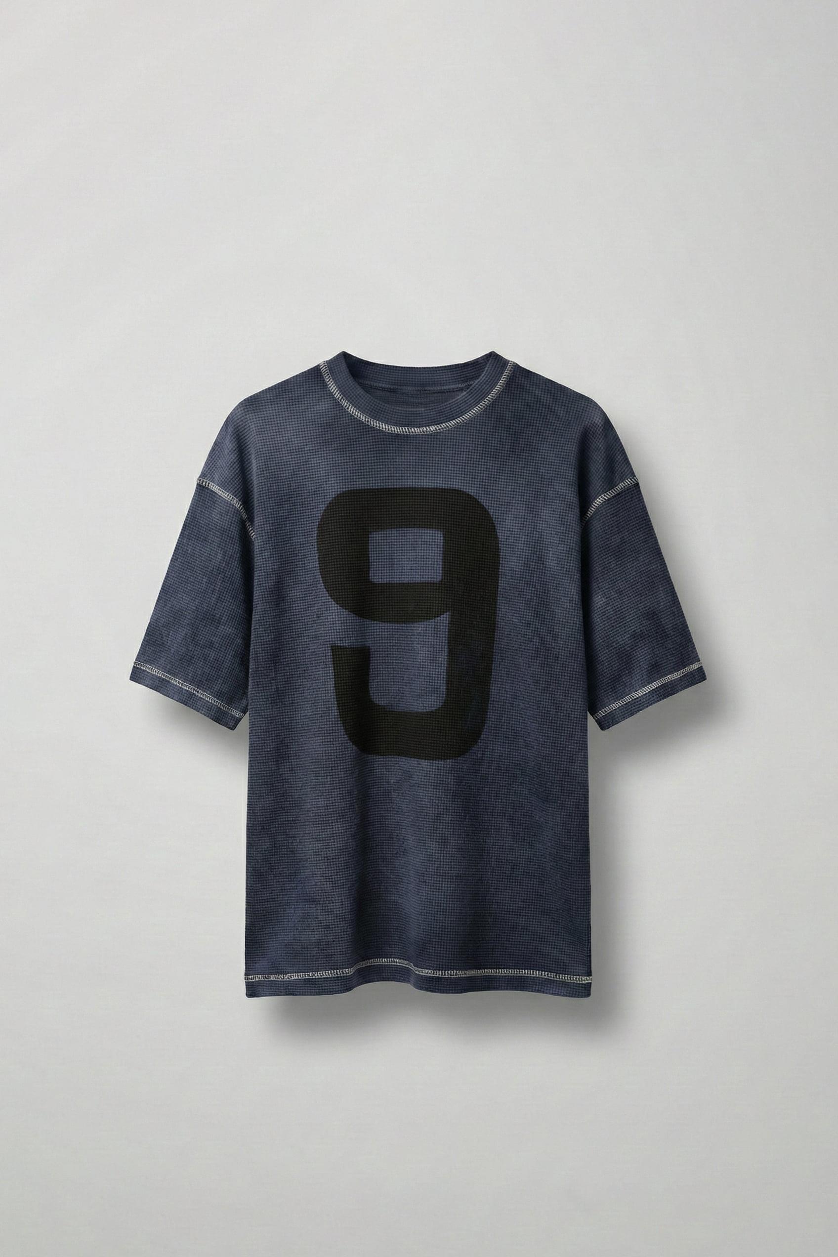 Erkek Dikiş Detaylı Waffle Kumaş Oversize T-Shirt Mavi