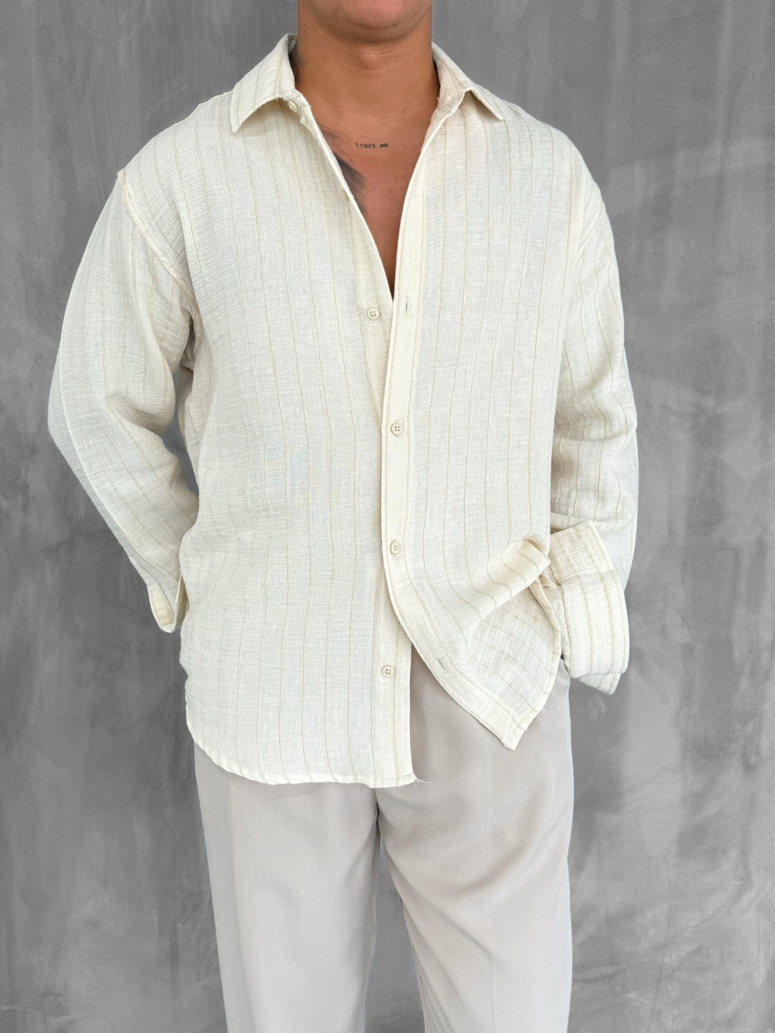 Erkek Dokulu Çizgili Oversize Gömlek Bej