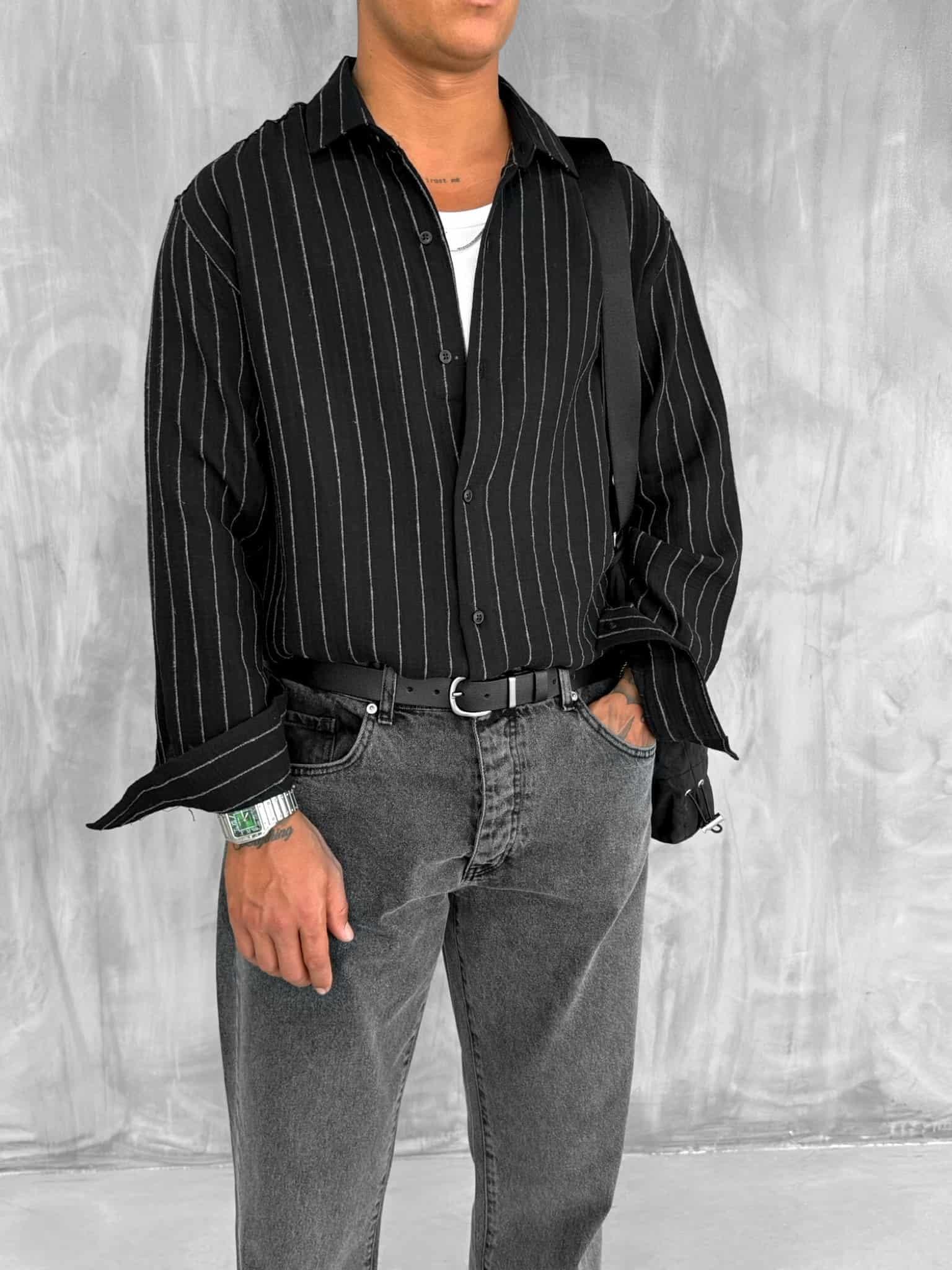 Erkek Dokulu Çizgili Oversize Gömlek Siyah