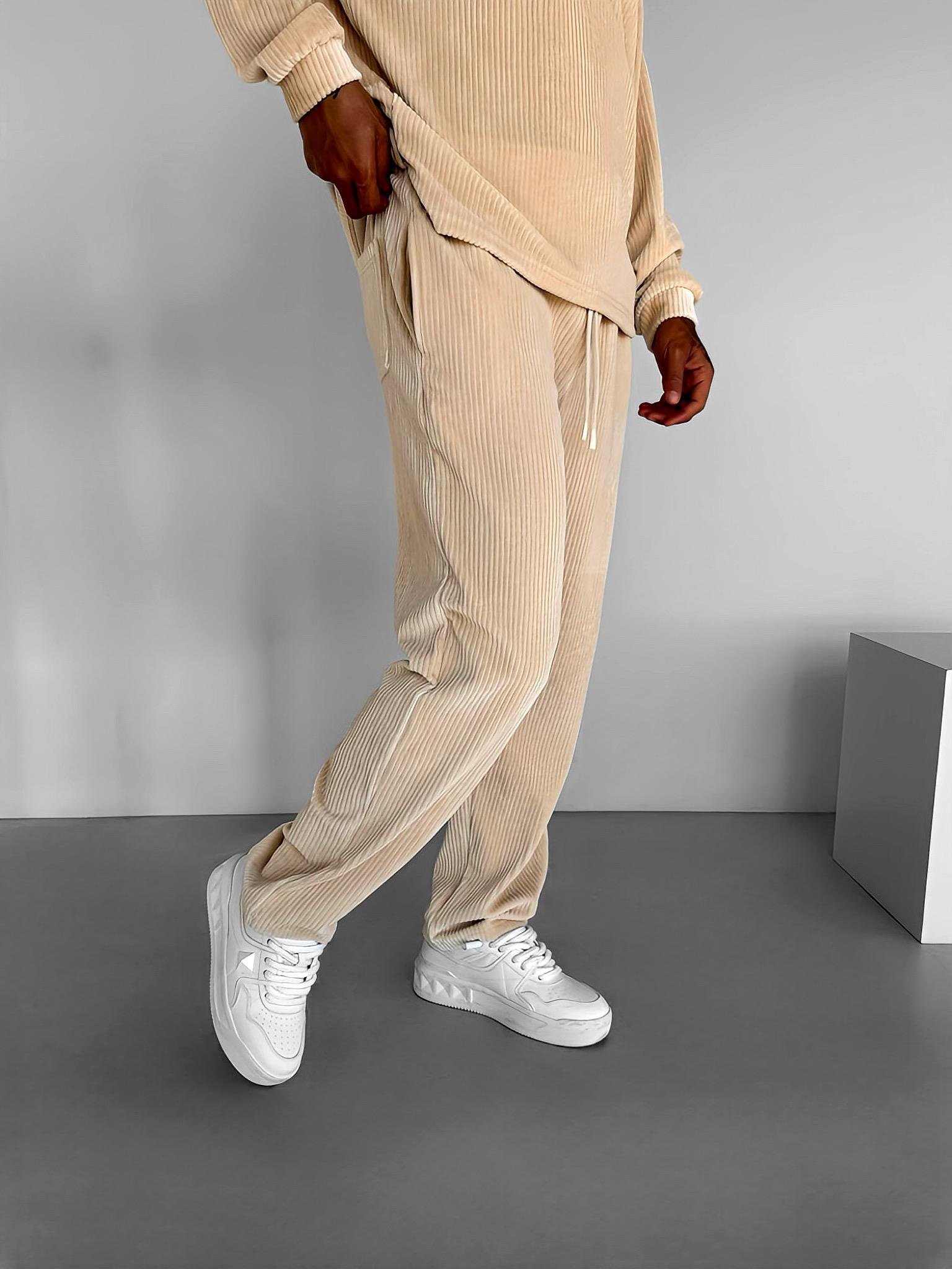 Erkek Jogger Esnek Rahat Beli Lastikli Fitilli Kadife Pantolon Bej