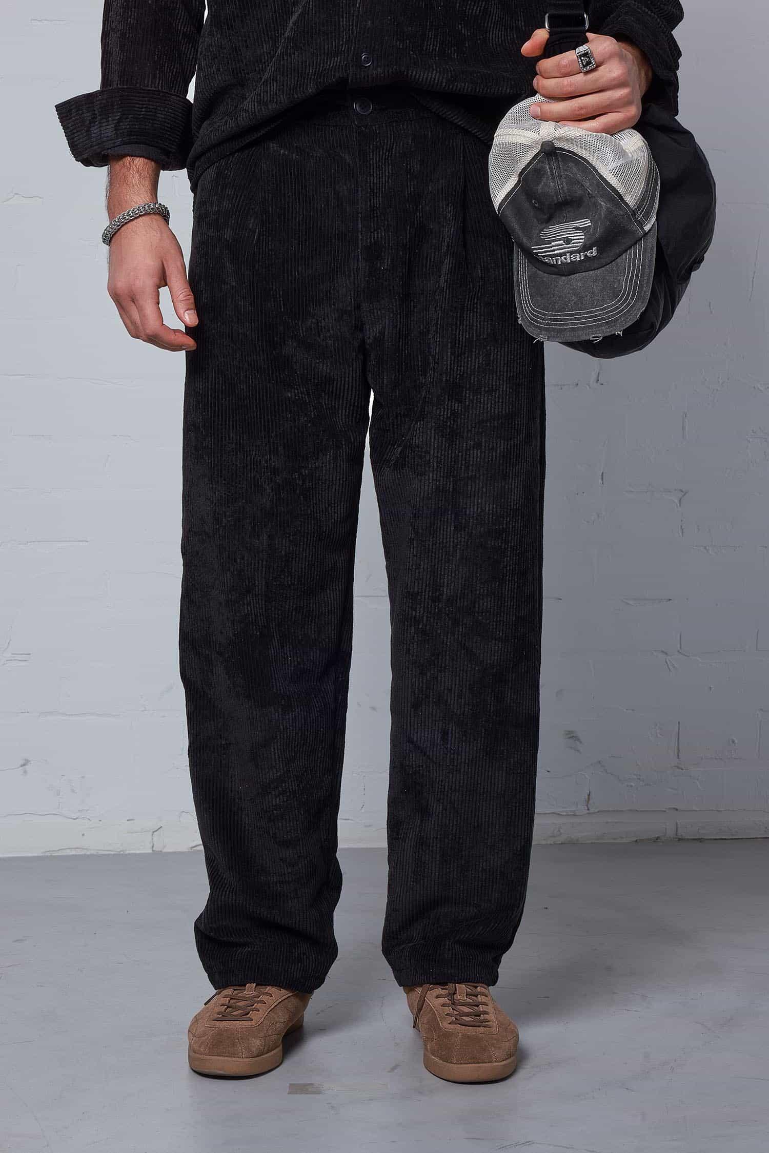 Erkek Kadife Dokulu Baggy Fit Pantolon Siyah