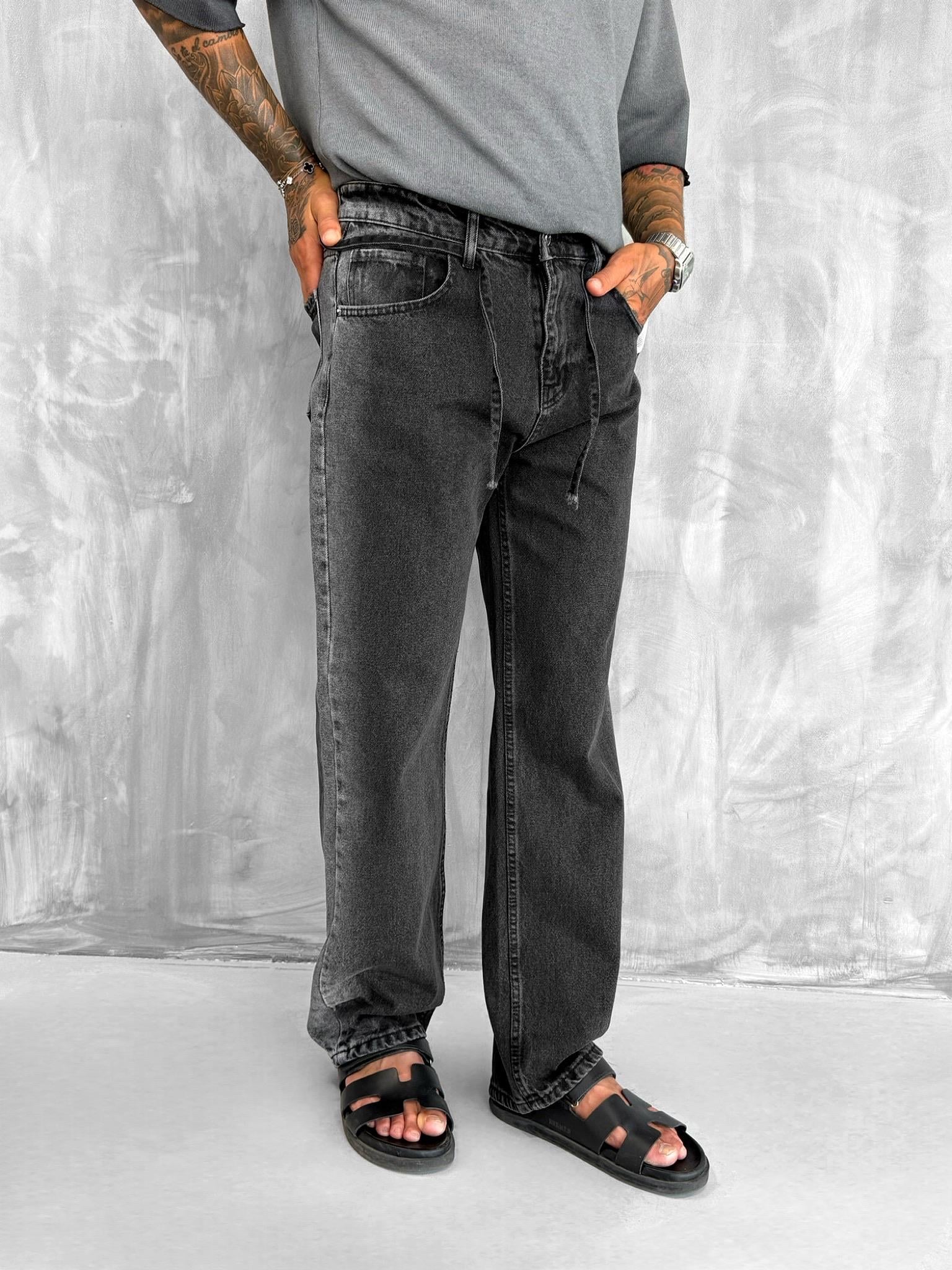 Erkek Baggy Fit Yıkamalı Jean Pantolon Siyah · 3