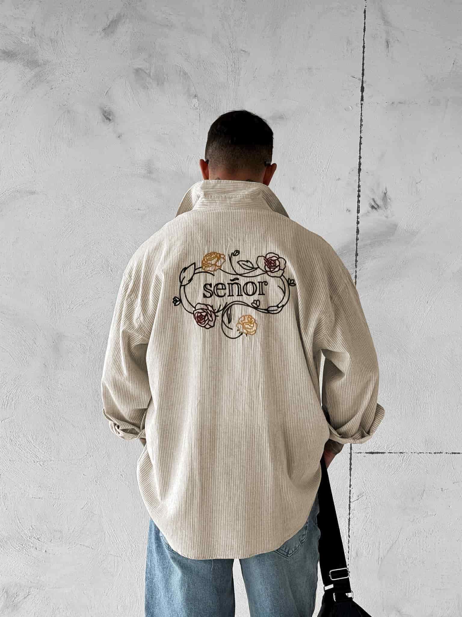 Erkek Keten Görünümlü Retro İşlemeli Oversize Gömlek Bej