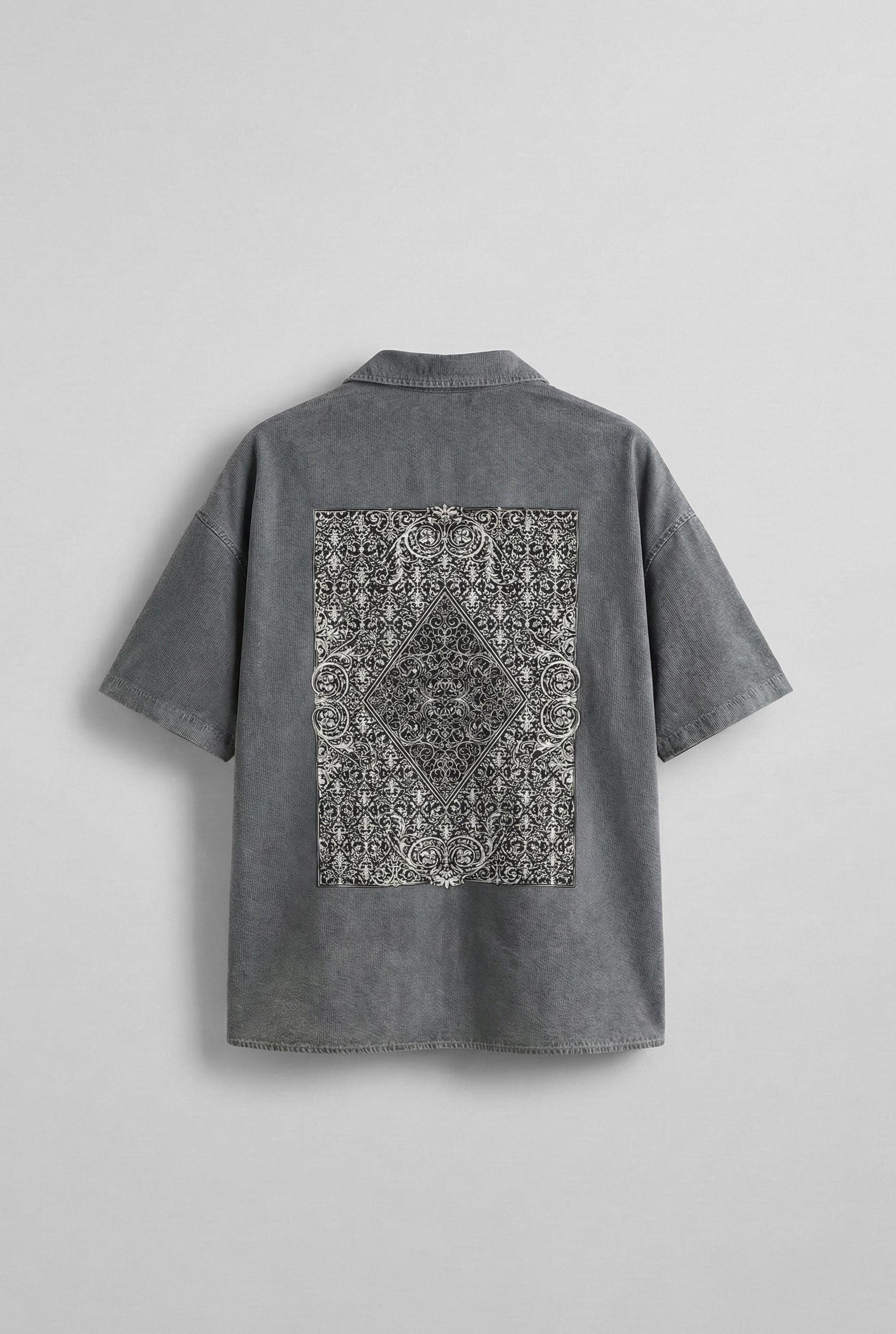 Erkek Kısa Kollu Desen Baskılı Yıkamalı Oversize Gömlek Gri